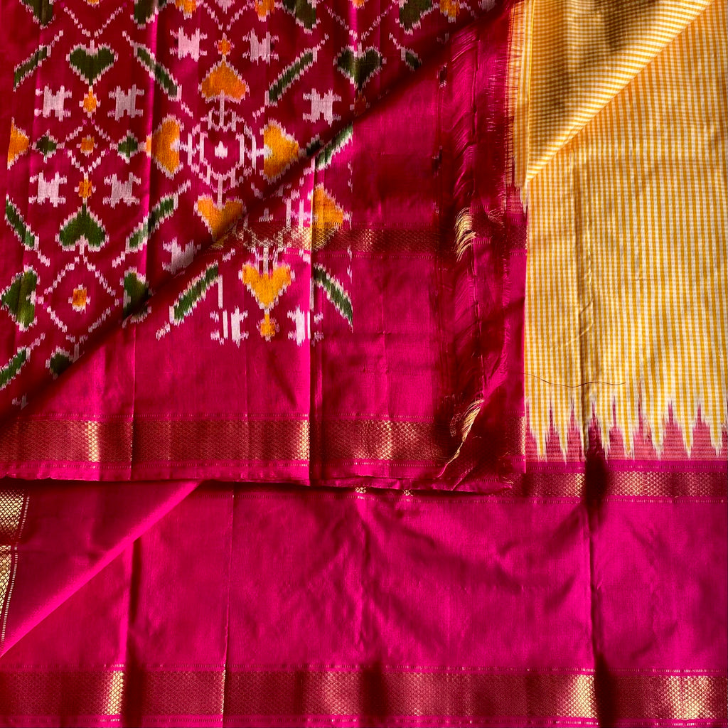 Micro Checkered Mustard Yellow Pure Ikkat Handloom Silk With Ikkat Woven Pallu & Blouse