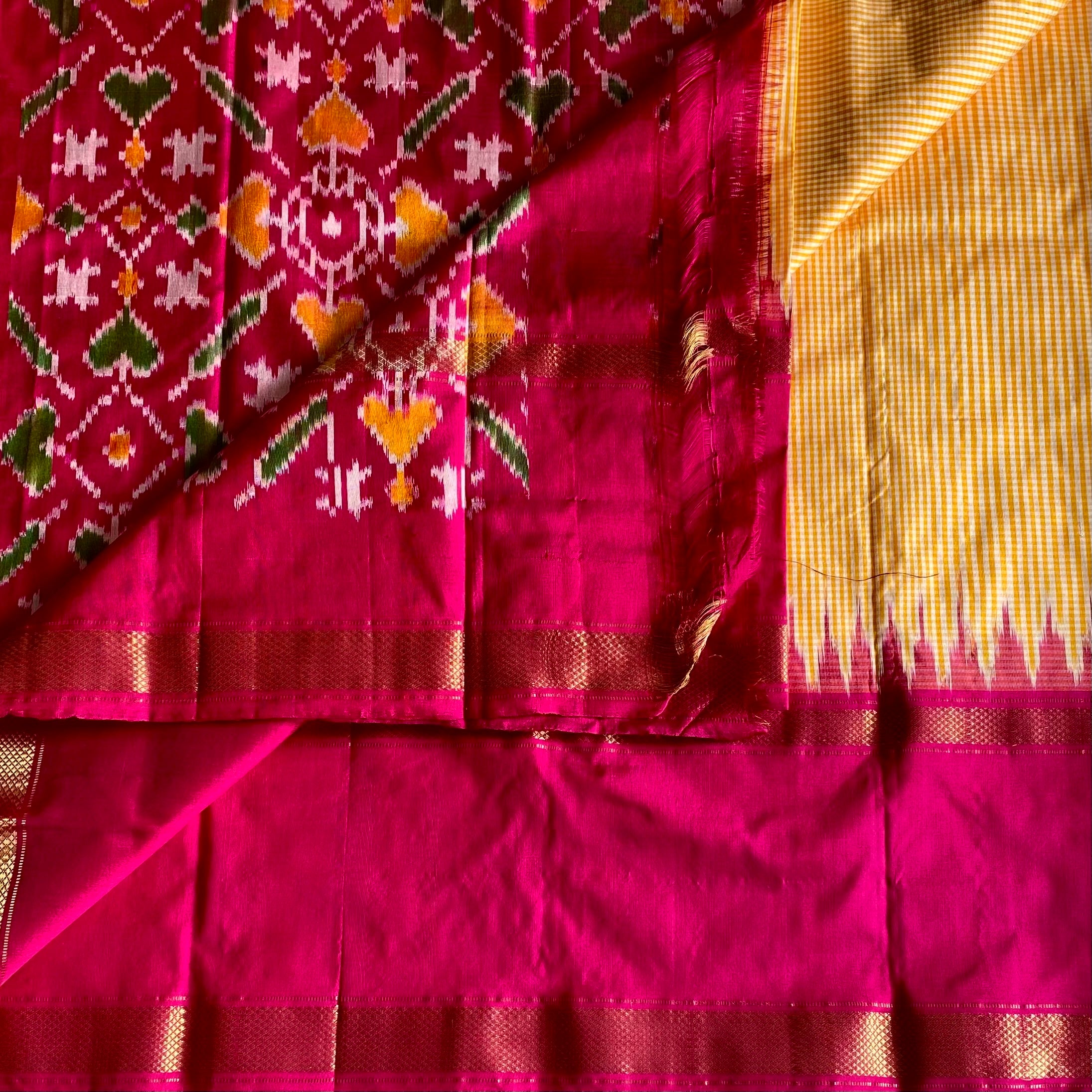 Micro Checkered Mustard Yellow Pure Ikkat Handloom Silk With Ikkat Woven Pallu & Blouse
