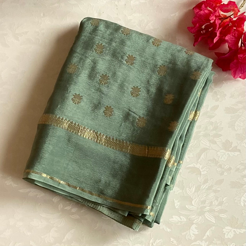 Sage Green soft crepe Saree Gold Buti Woven Zari Border Elegant