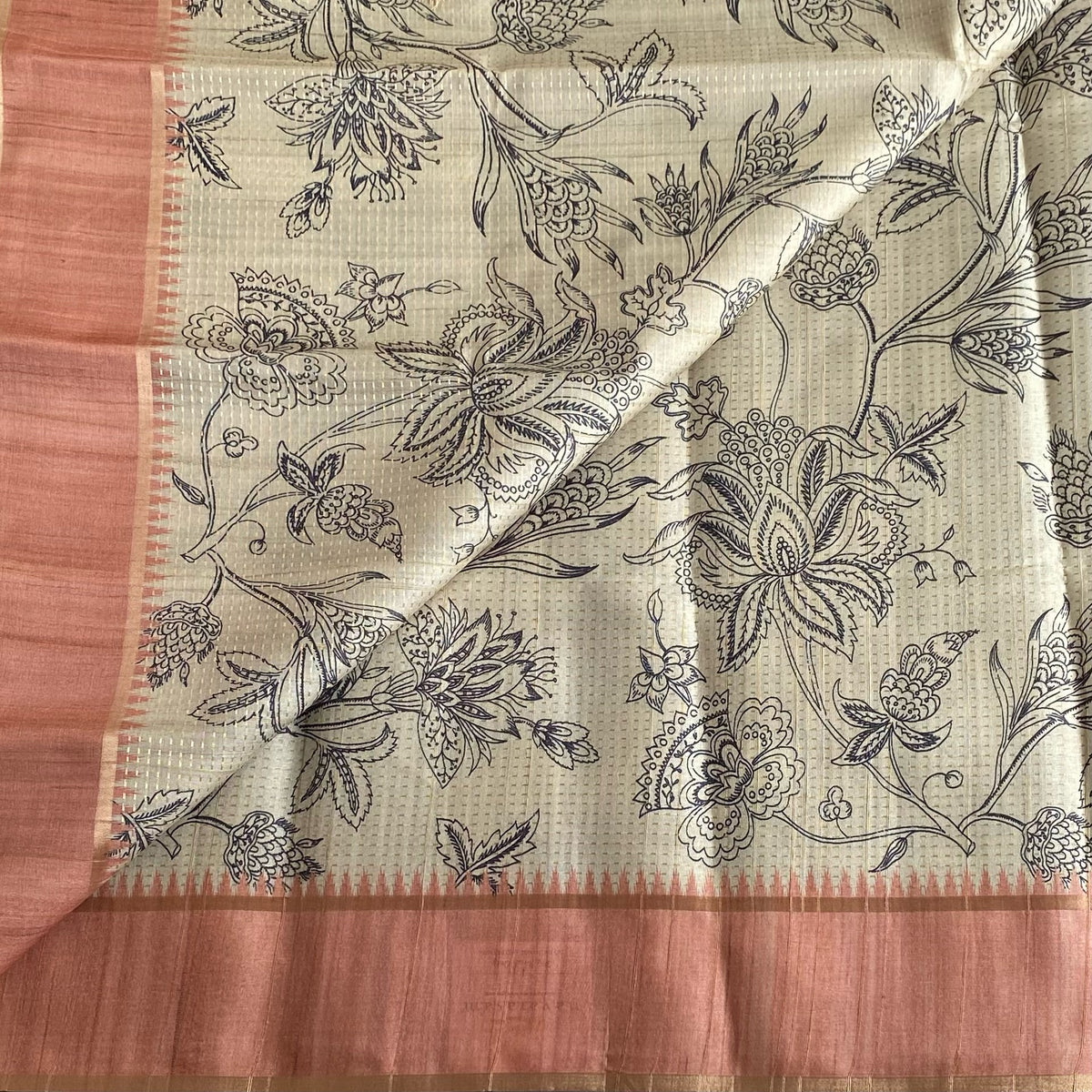 Ecru Beige Soft Tussar Silk Saree With Pastel Orange Panel