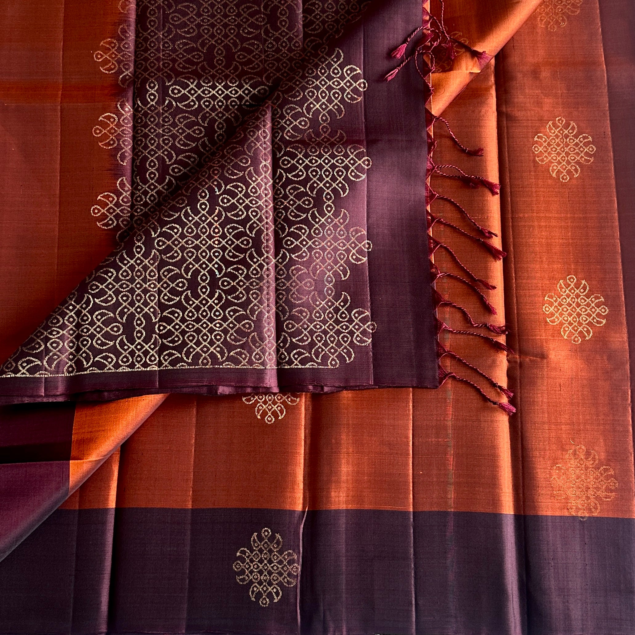 Burnt Orange Designer Pure Silk Saree With Deep Wine Pallu