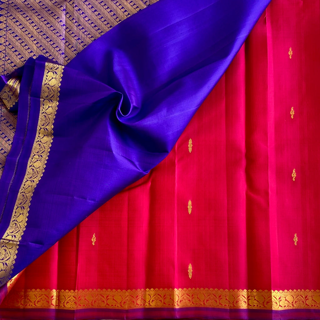 Raspberry Pinkish Red Kanjeevaram Pure Zari Saree With indigo Purple Pallu