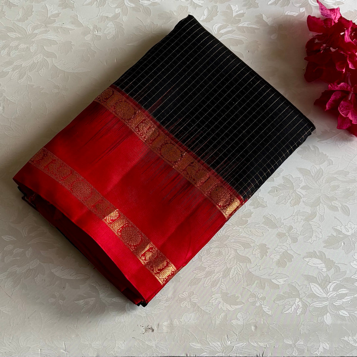 Jet Black Designer Pure Silk Saree With Crimson Red Pallu