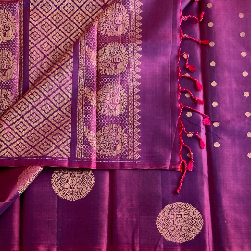 Dual Shaded Wine Antique Gold Designer Pure Silk Saree With Floral Pallu