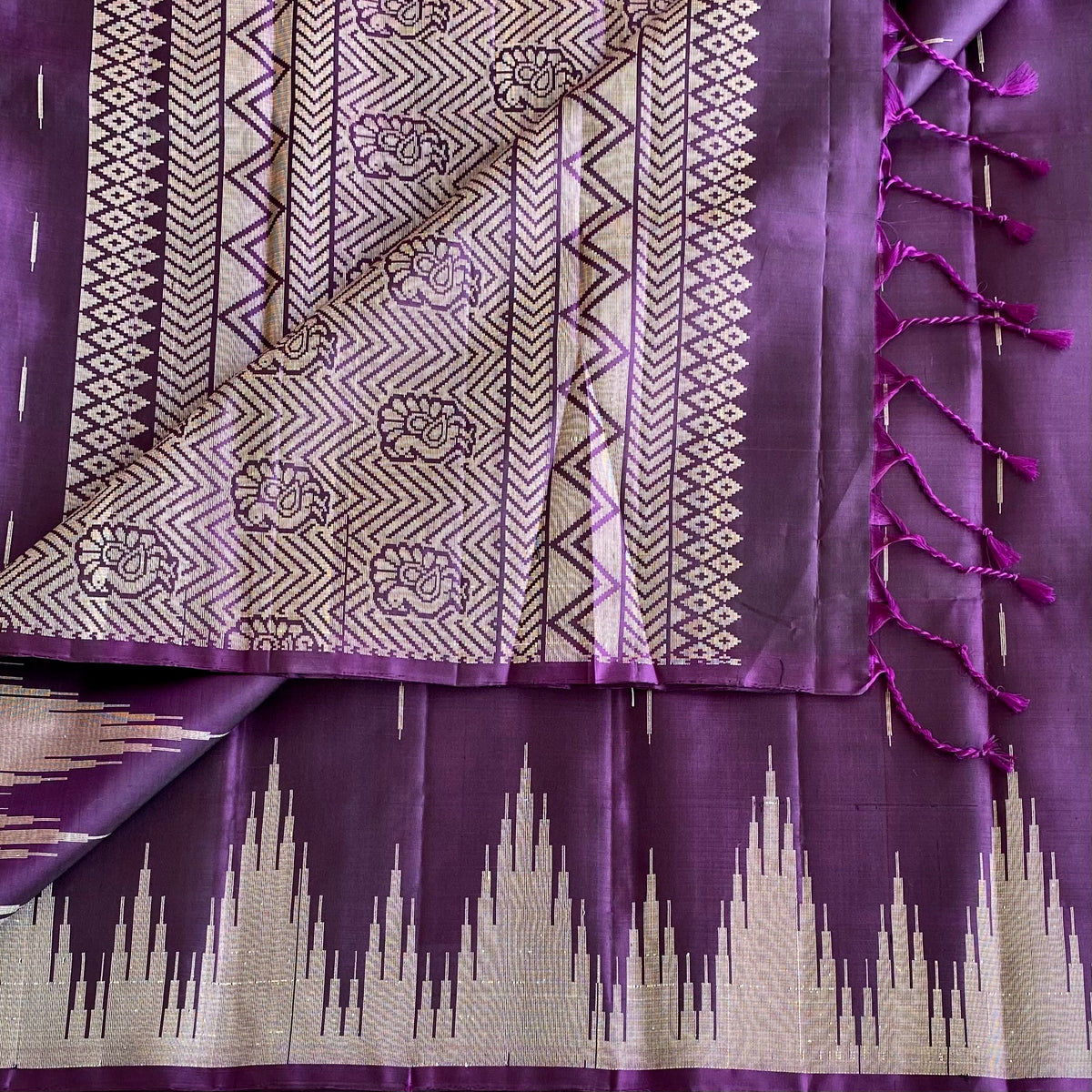Brinjal Purple Designer Pure Silk Saree With Antique Temple Borders