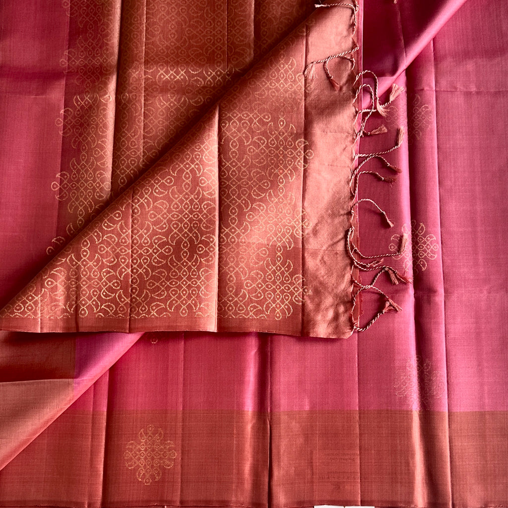 Rose Pink Designer Pure Silk With Metallic Peach Pallu