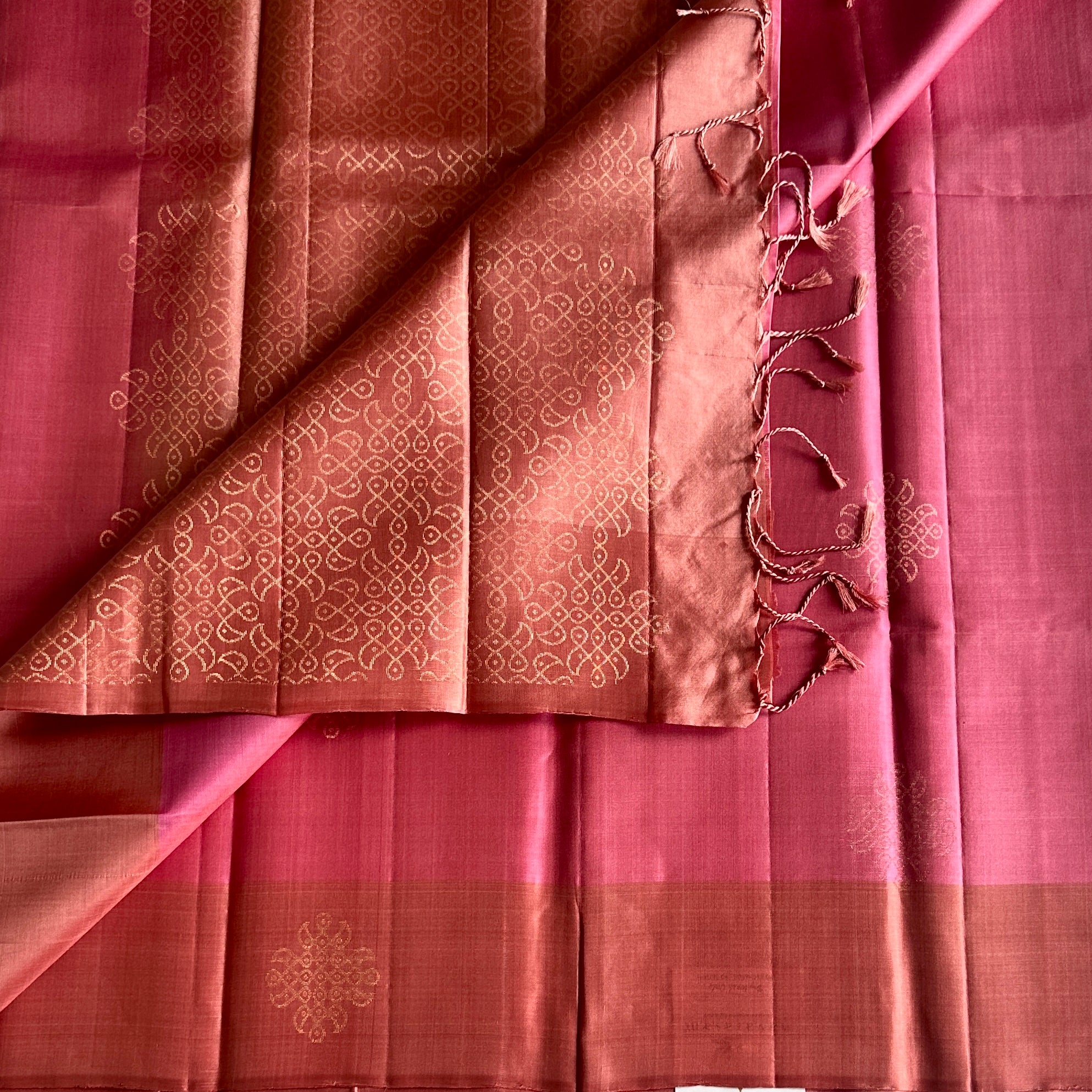Rose Pink Designer Pure Silk With Metallic Peach Pallu