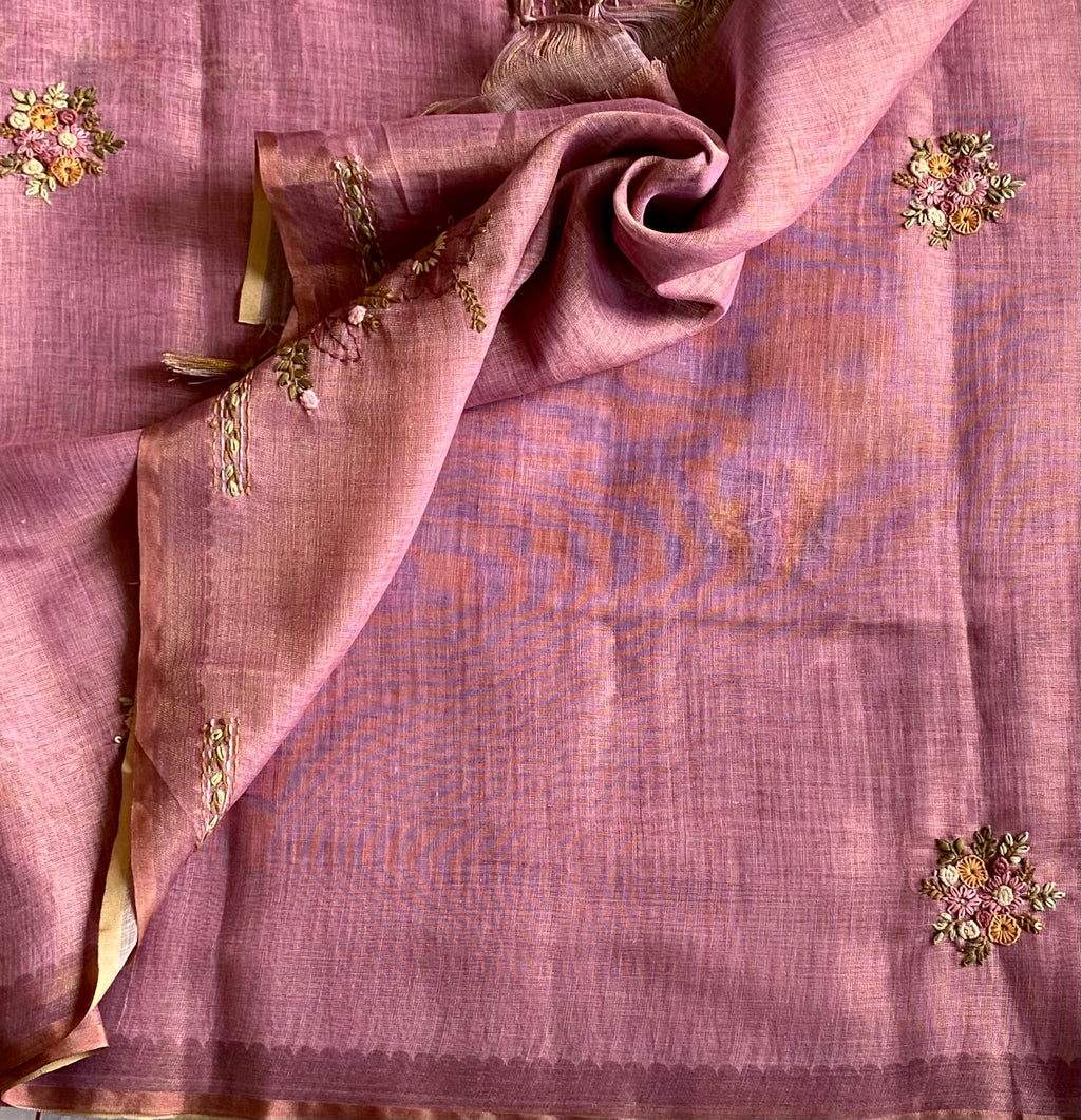 Elegant Dusty Rose Floral french knot Embroidered Saree With antiqueGold Tassel Border