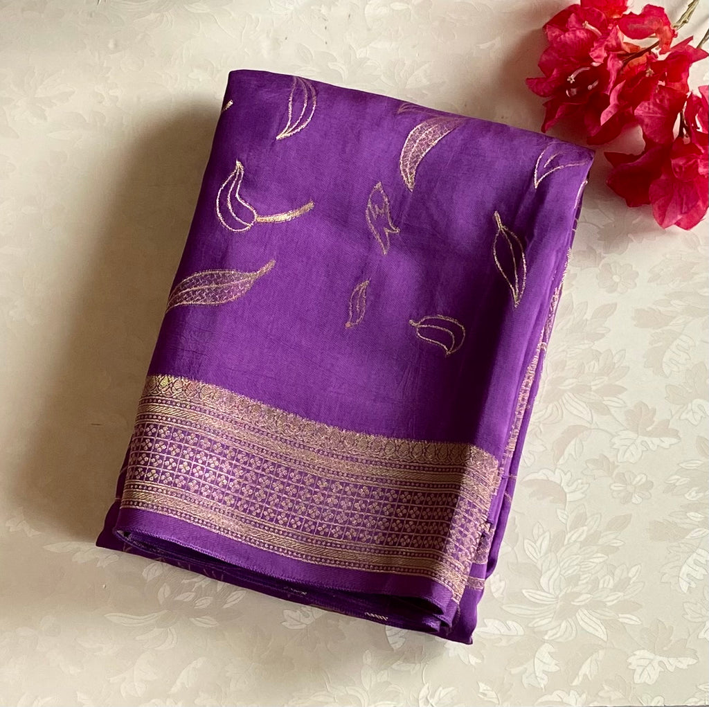 Metallic lavender soft crepe Silk Saree designer Gold Bird Leaf Woven Pallu Border