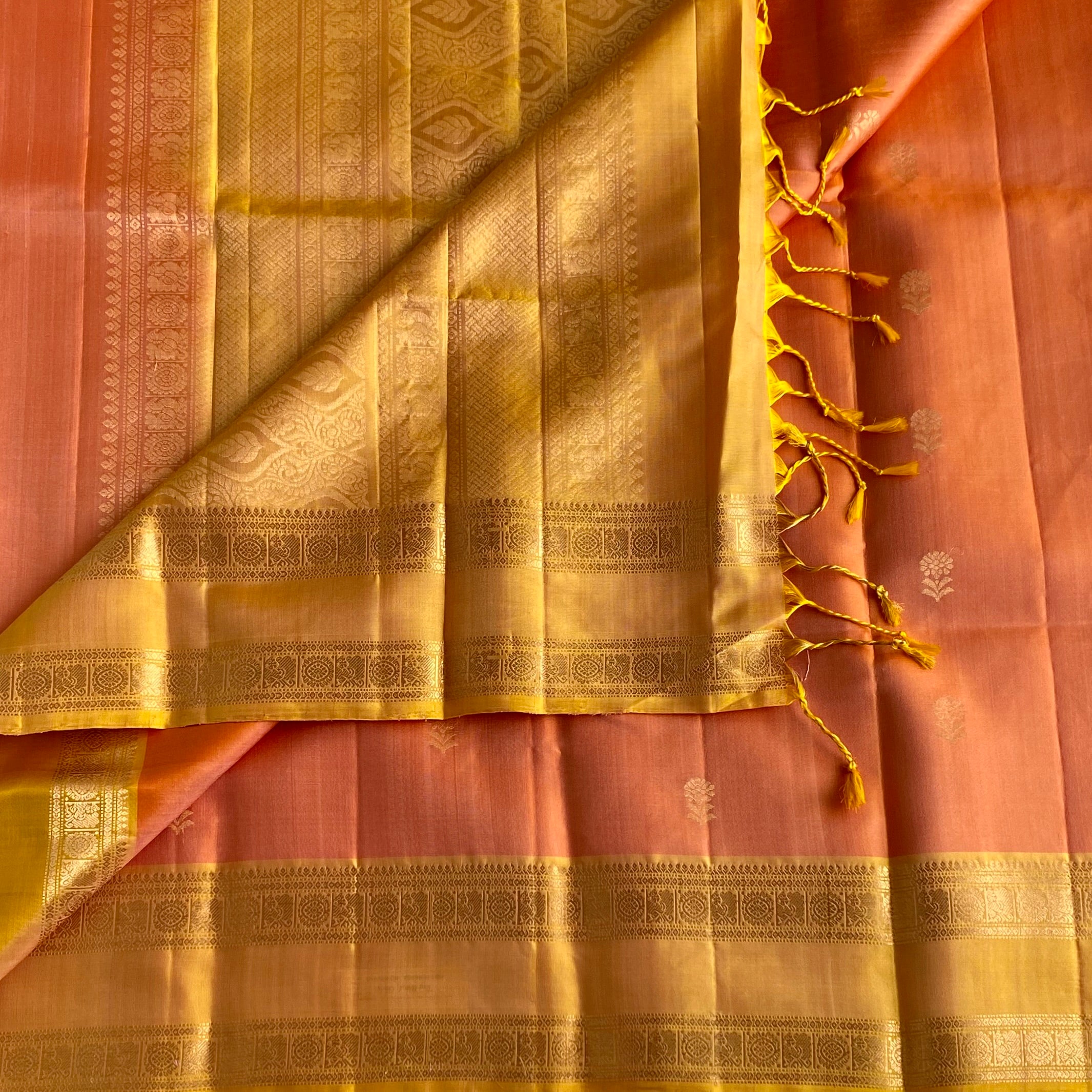 Dreamy Peach With Golden Retta Petta Designer Pure Silk