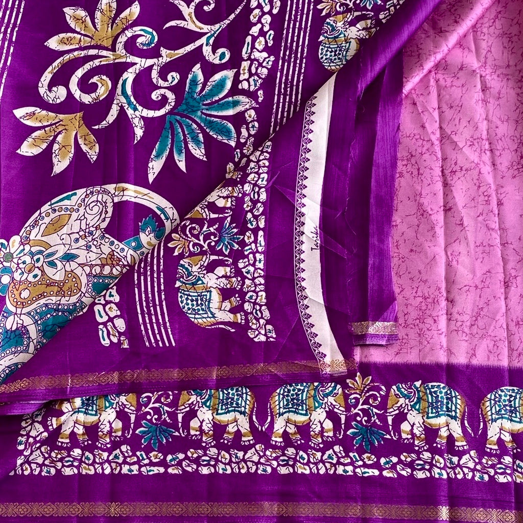 Lotus Pink Elephant Borders with Violet Printed Soft Cotton