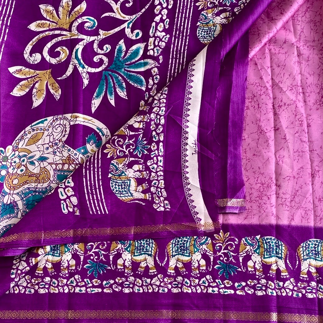 Lotus Pink Elephant Borders with Violet Printed Soft Cotton
