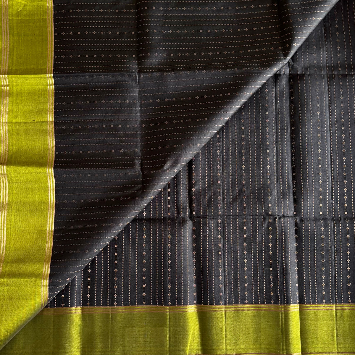 Jet Black Designer Pure Silk Saree With Chartreuse Green Pallu