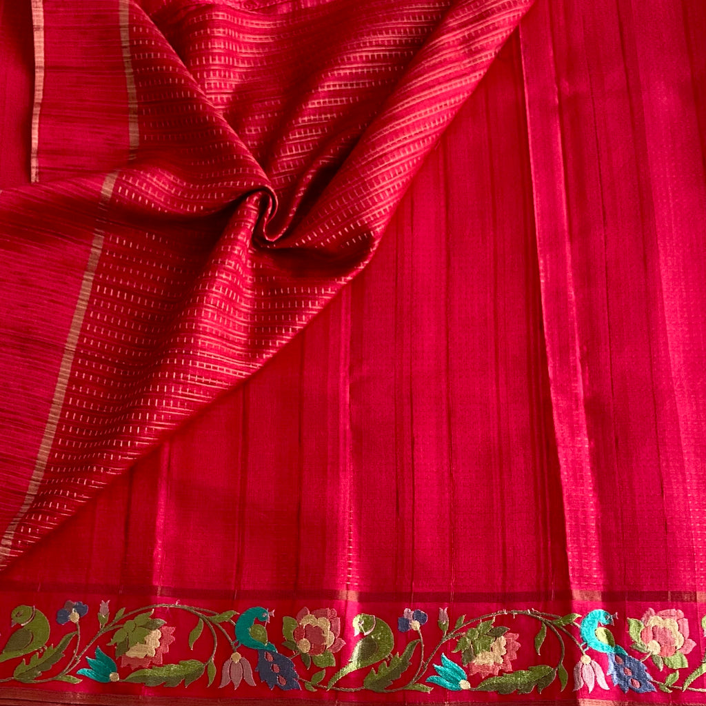 Rani Pink Soft Tussar Silk Saree With Teal Blue Border Embroidery