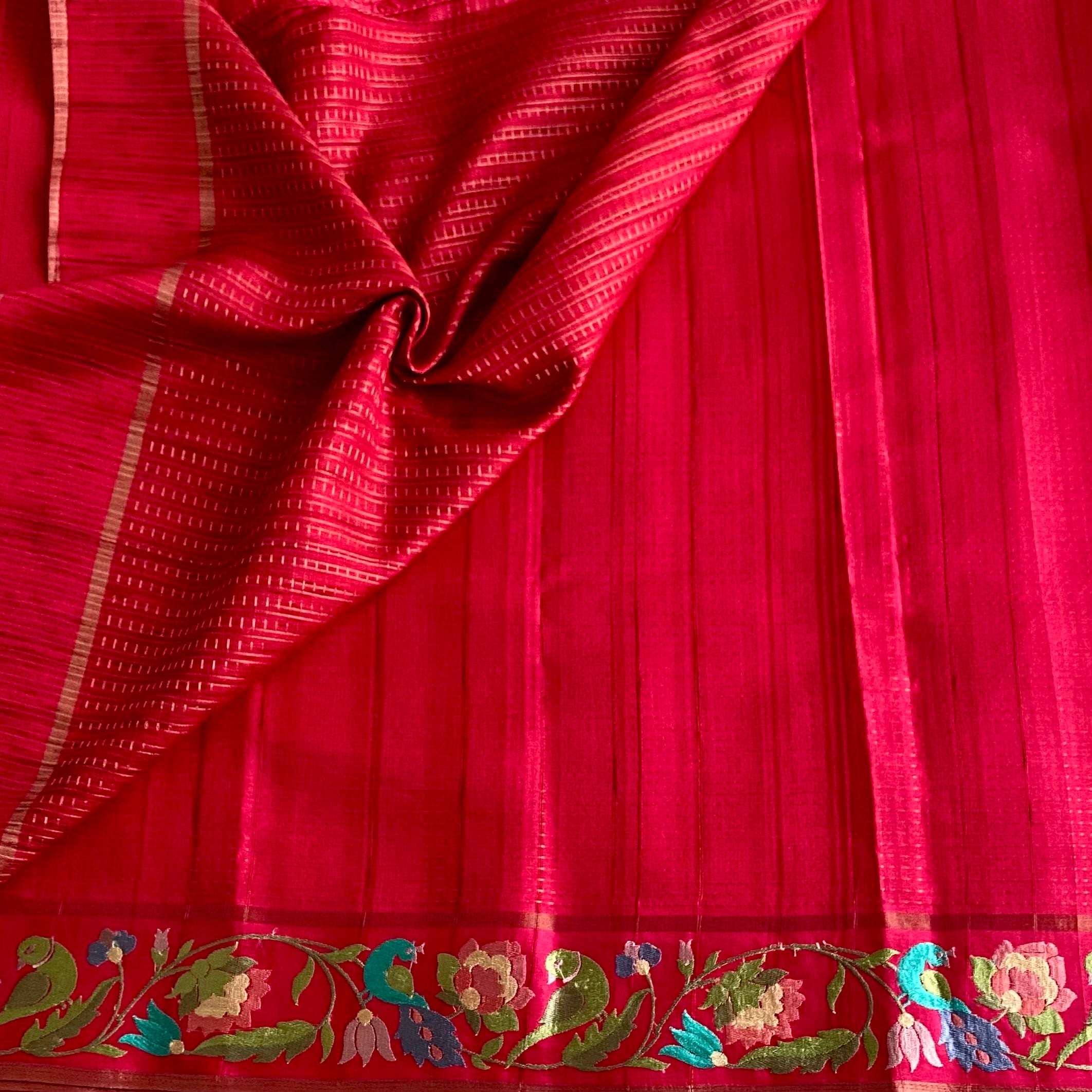 Rani Pink Soft Tussar Silk Saree With Teal Blue Border Embroidery