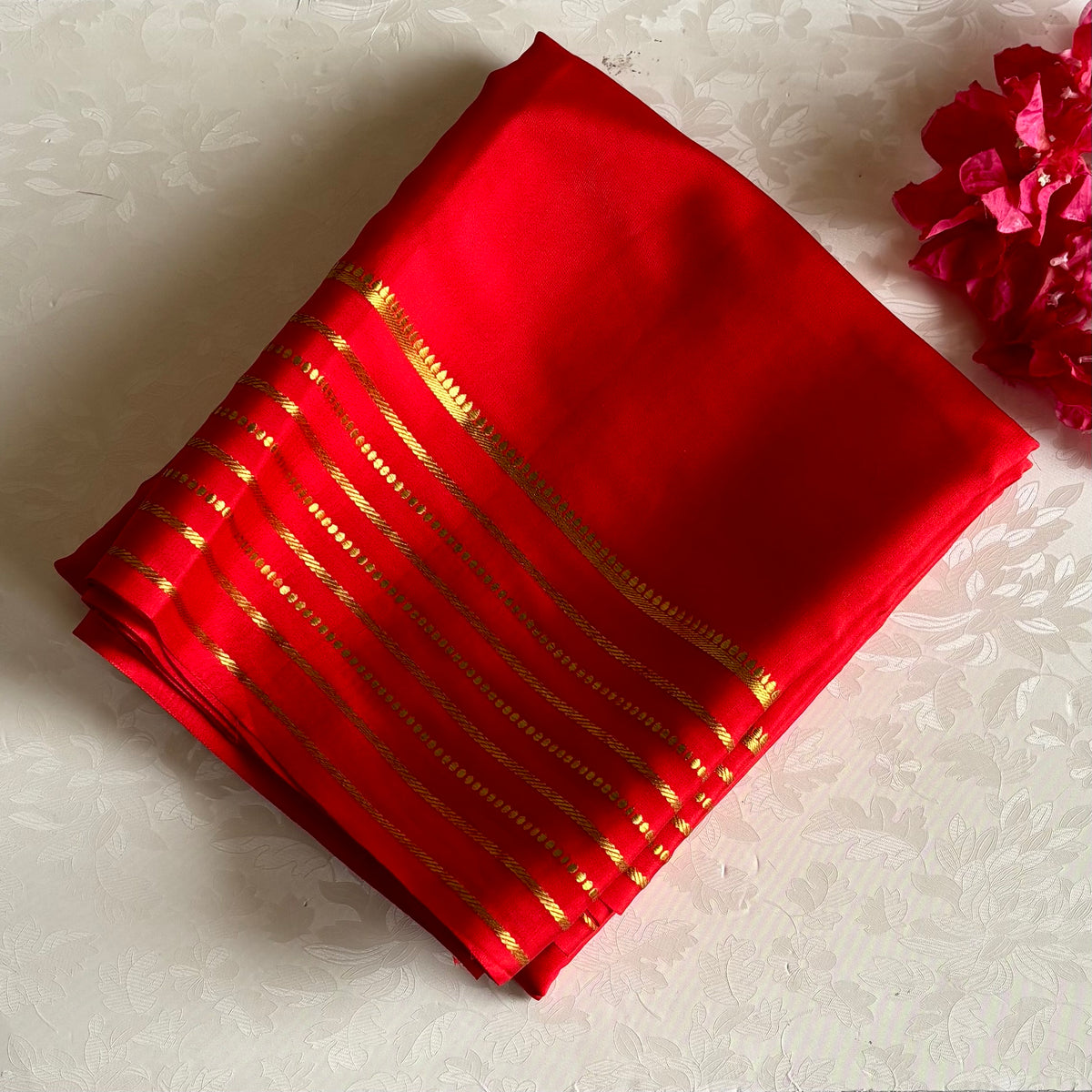 Crimson Red Mysore Crepe Silk with Gold Striped Zari Border Traditional Wear