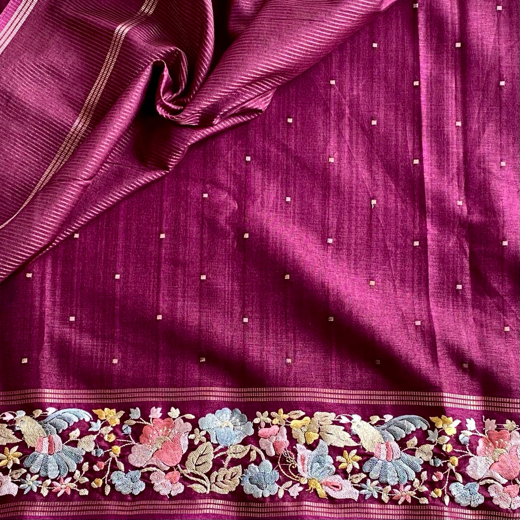 Deep Plum Soft Tussar Silk Saree With Coral Pink Embroidery