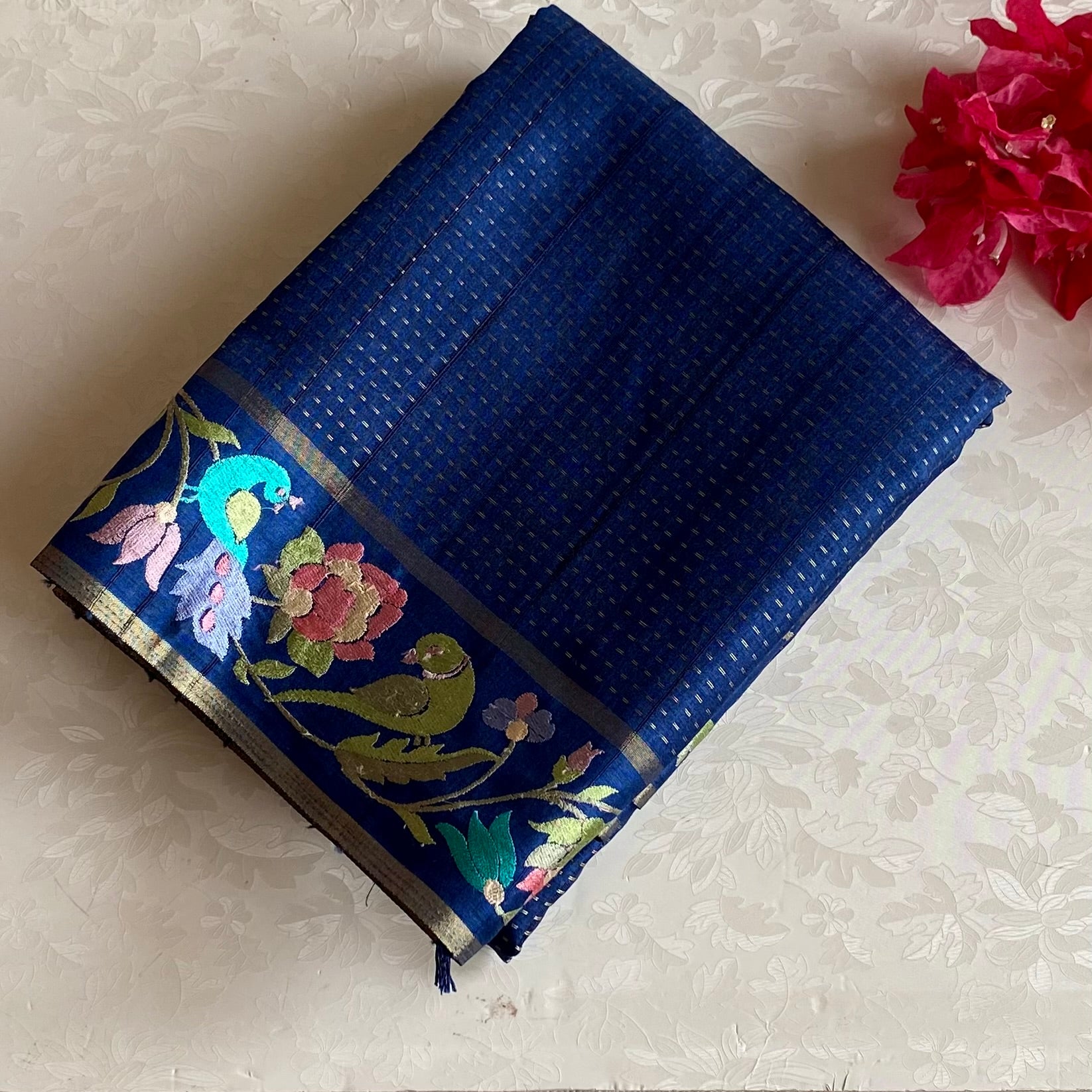 Denim Blue Tussar Silk With Designer Floral Embroidered Borders & Pallu
