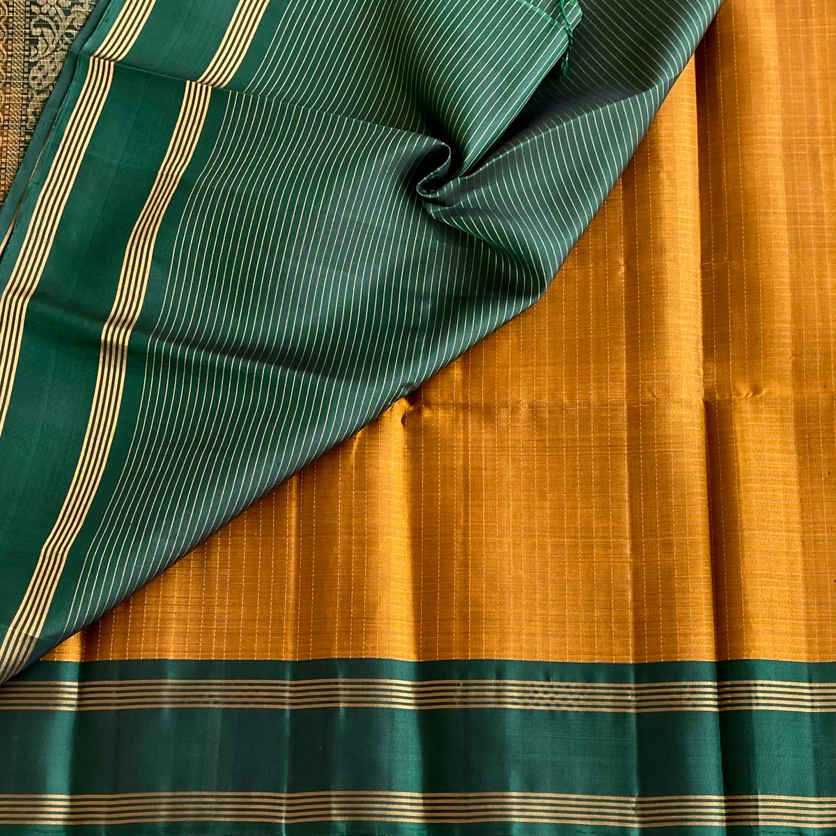 Jaggery Mustard Designer Pure Silk Saree With Bottle Green Pallu