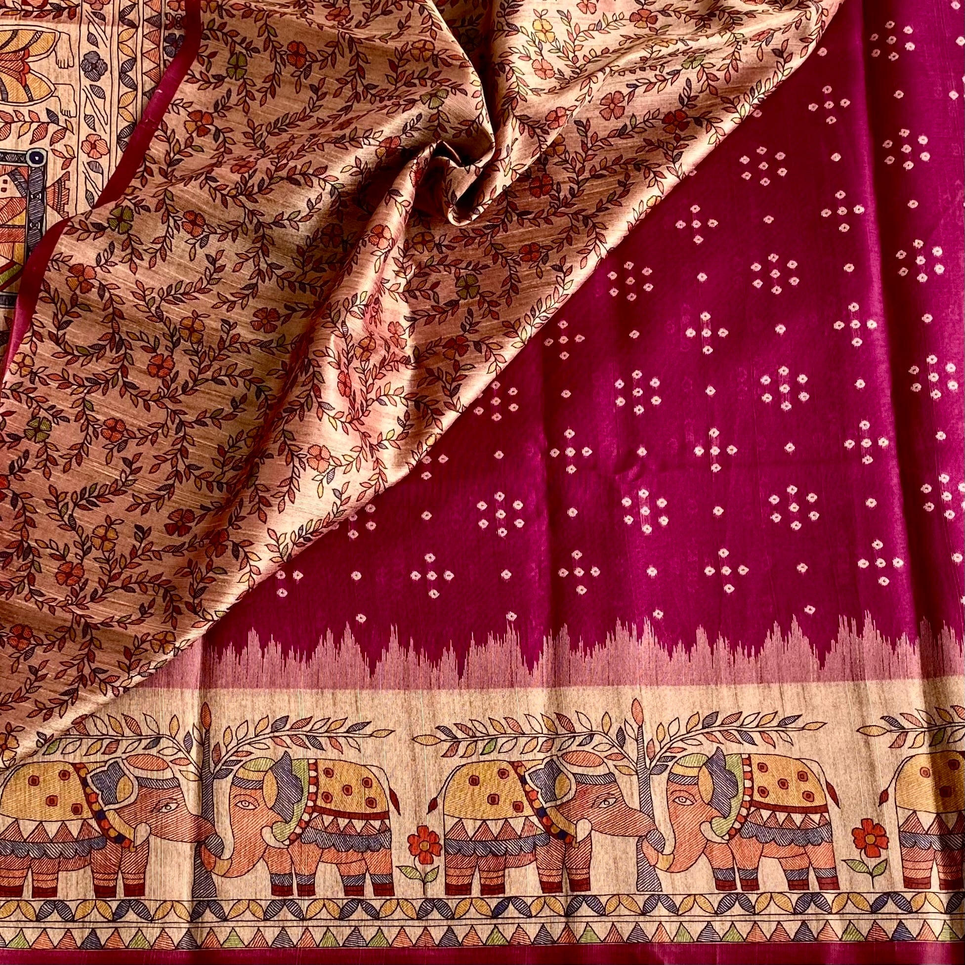 Raspberry Magenta Soft Tusaar Silk with Printed Designer Warli Borders & Pallu