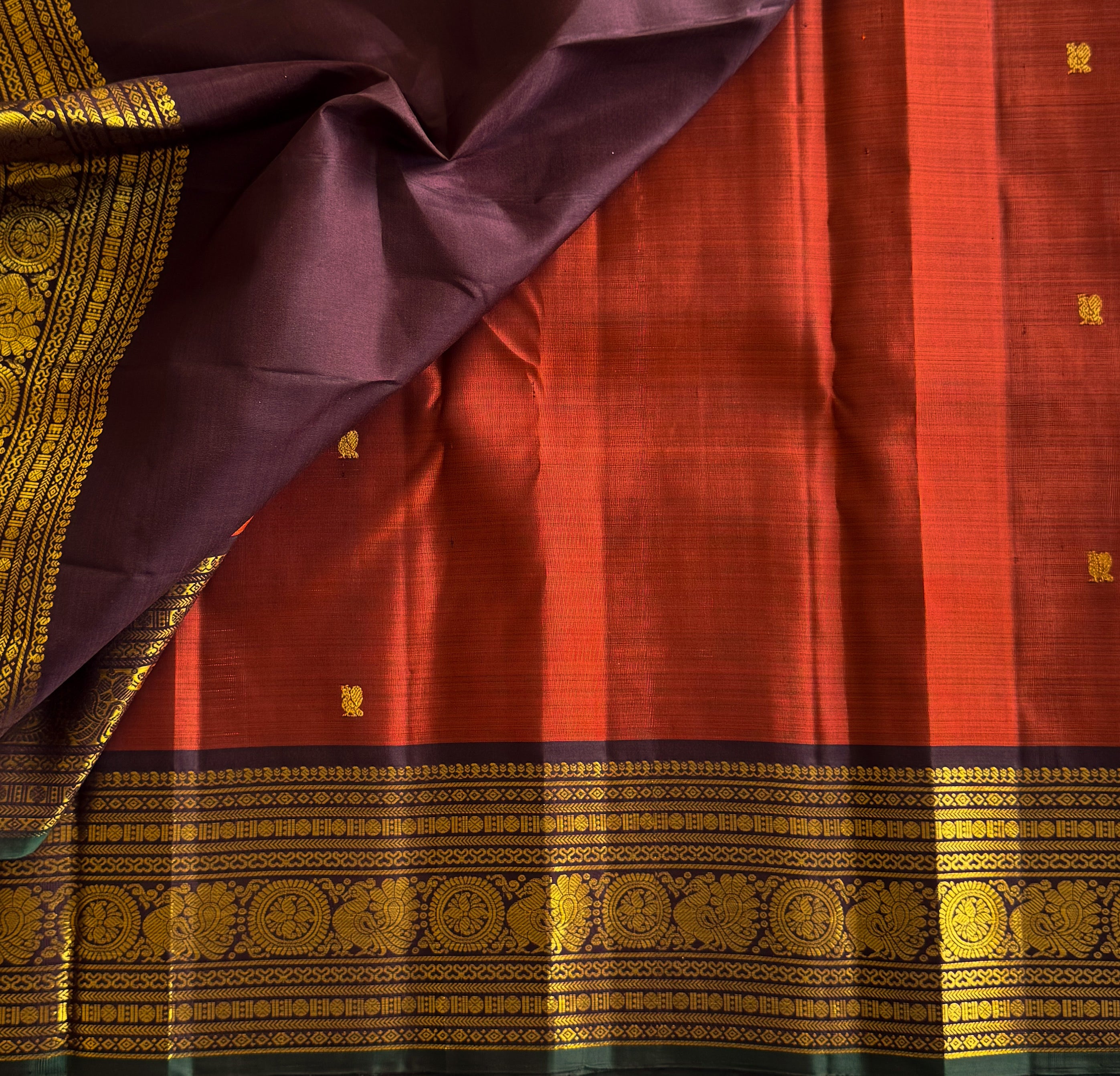Vintage Classic Rust Kanjeevaram Silk with Deep Wine Brown Pure Zari stunner