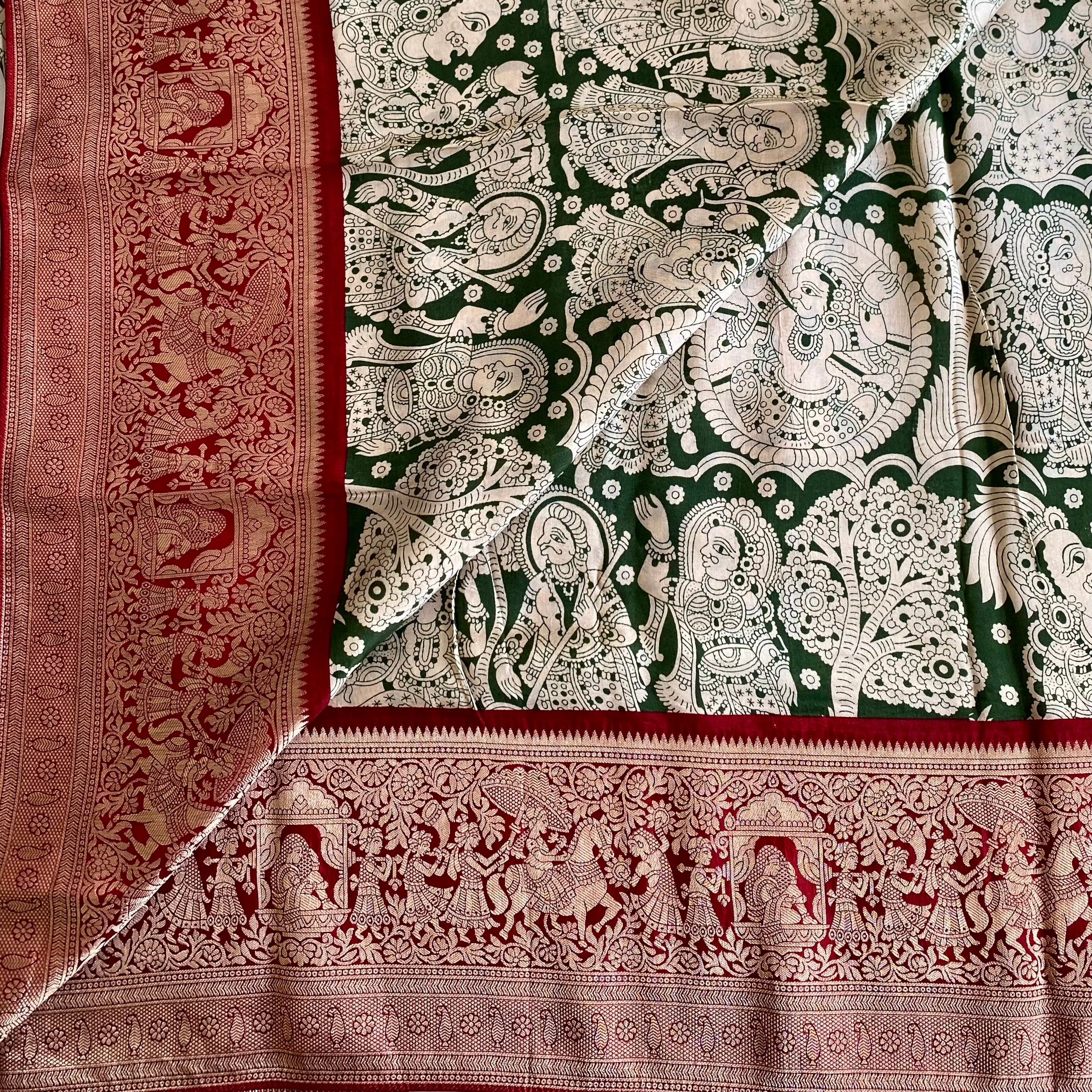 Forest Green Soft Kalamkari Tussar Silk Saree With Maroon Red Pallu