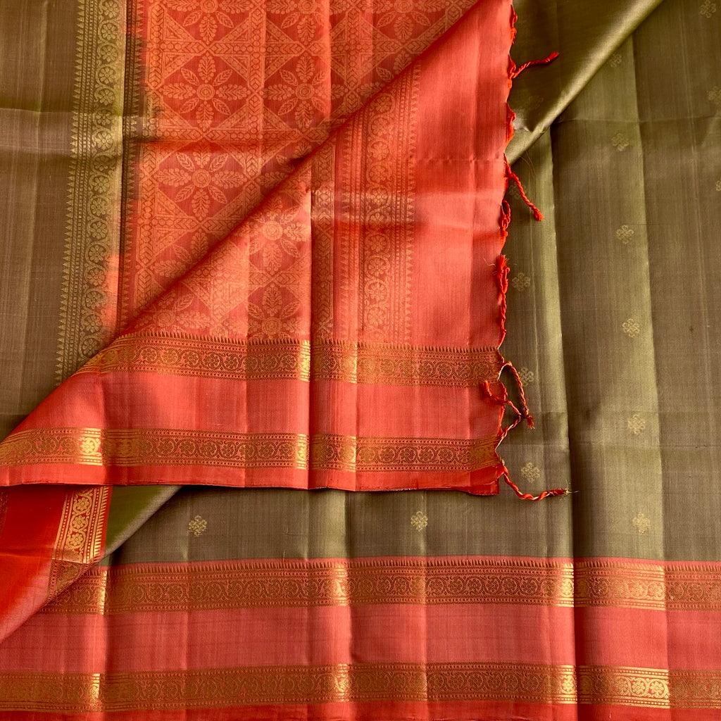 Rare Chestnut Greenish Designer Pure Silk Saree With Coral Orange Pallur