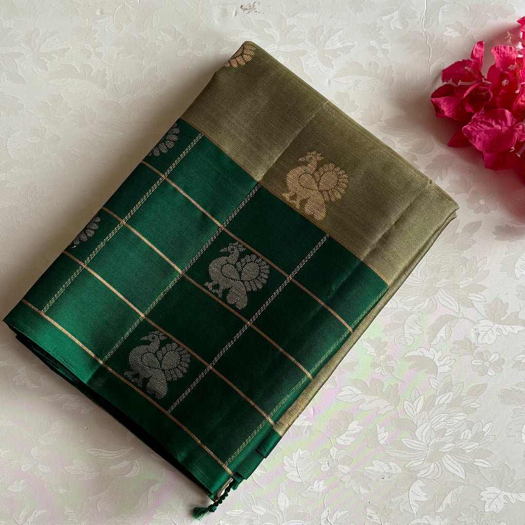 Olive Beige & Emerald Green Designer Pure Silk Saree Peacock Motifs