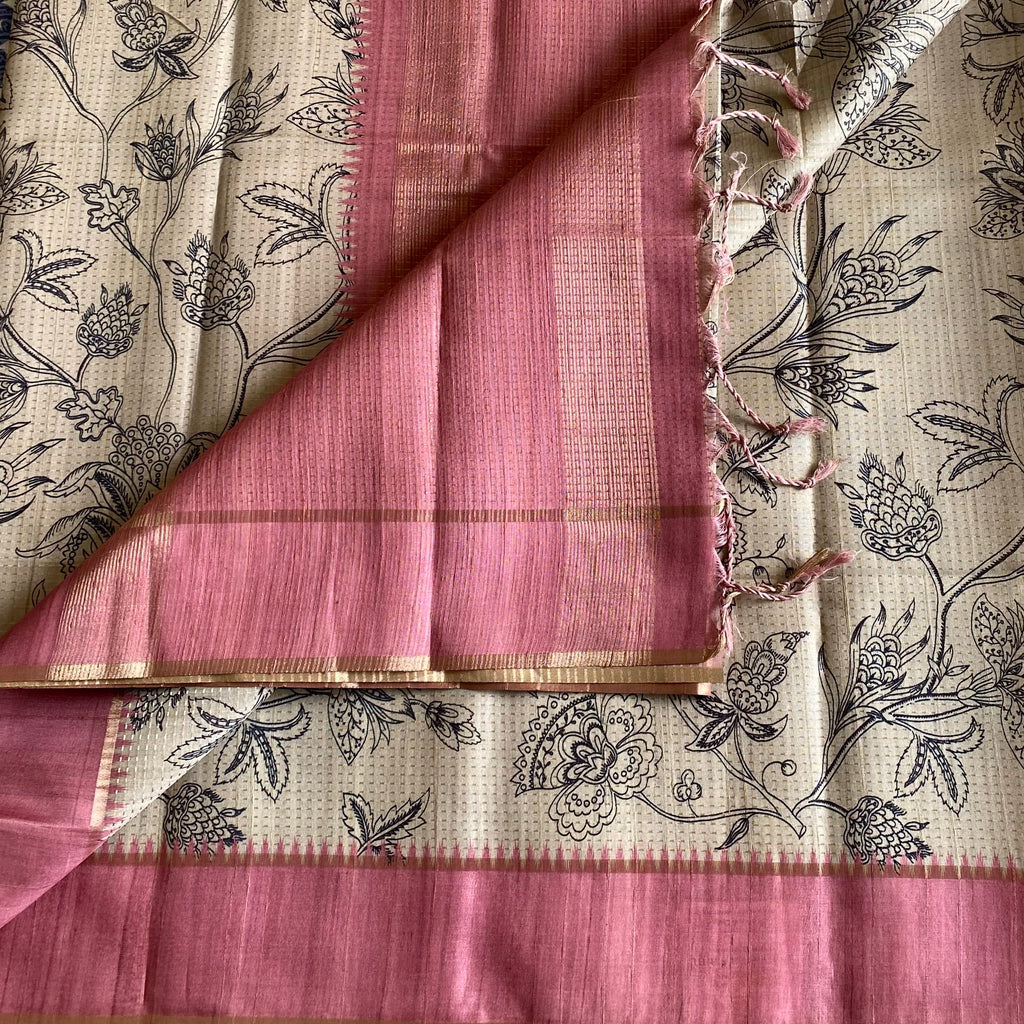 Classic Tussar Beige With Pastel Dusty Rose With Designer Zari weave