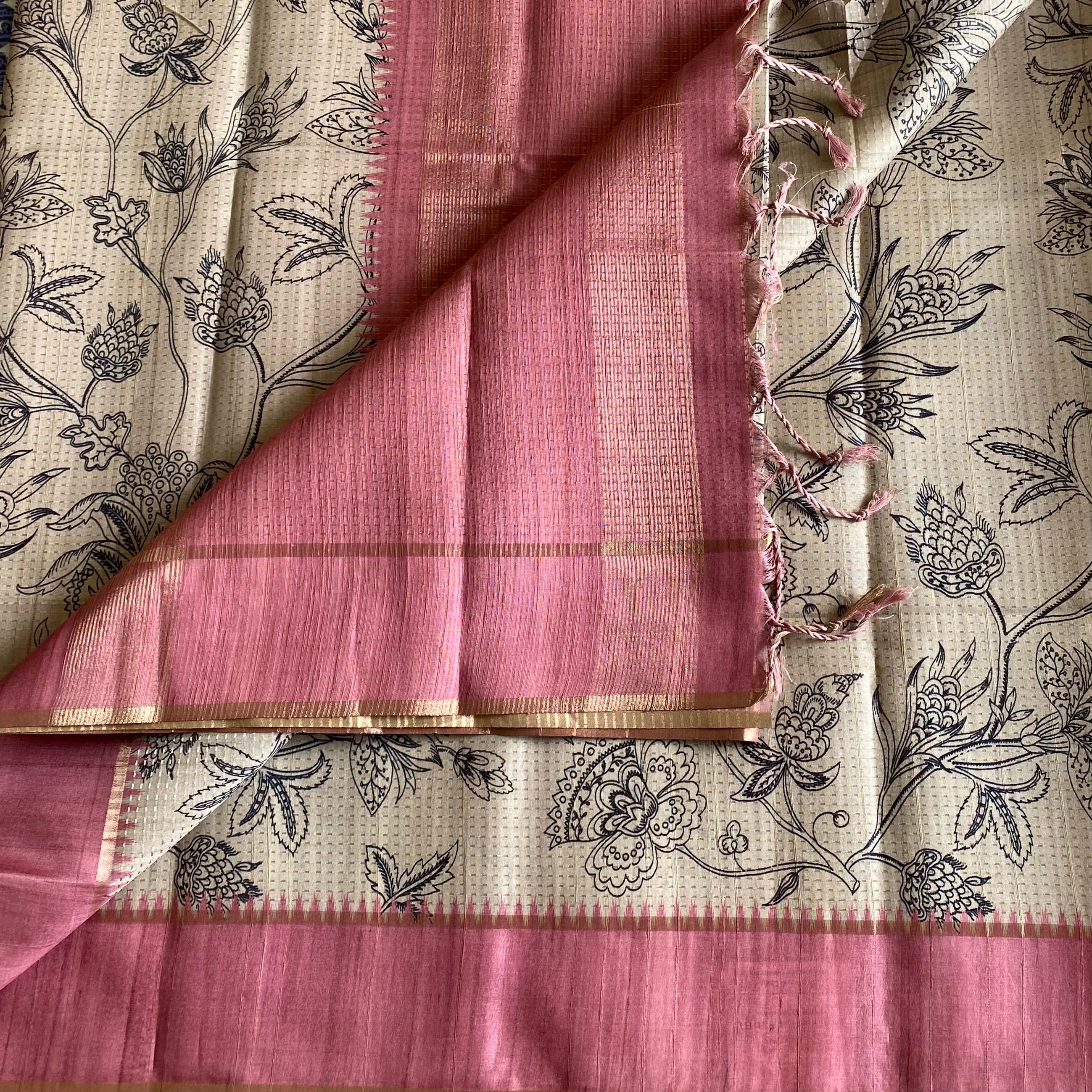 Classic Tussar Beige With Pastel Dusty Rose With Designer Zari weave