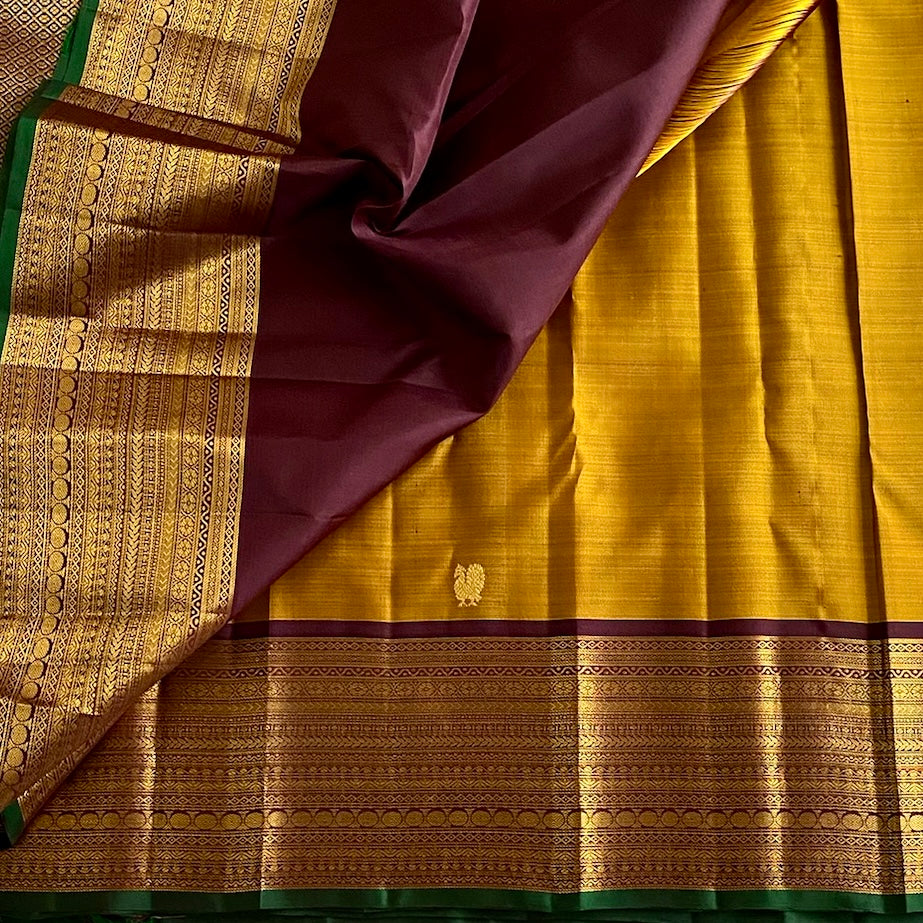 Mustard Yellow Kanjeevaram Pure Zari Silk Saree With Wine Brown Pallu
