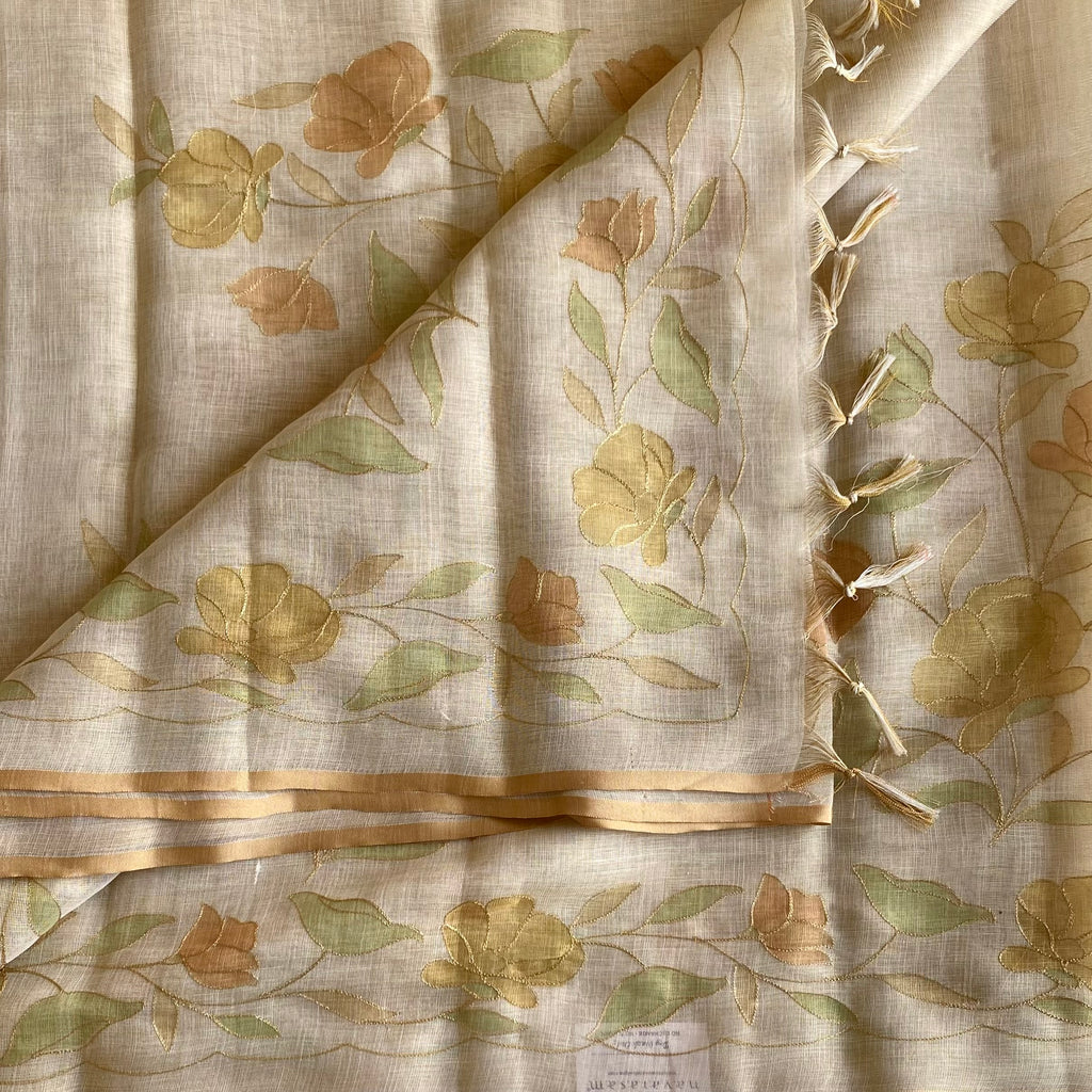 Light Beige Soft Tissue Linen Saree With Golden Yellow Accents