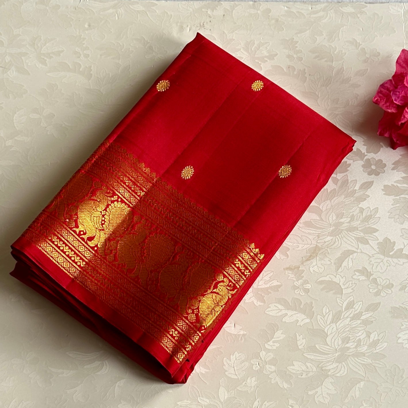 Perfect Red Kanjeevaram Pure Zari Silk Saree With Designer Peacock Borders
