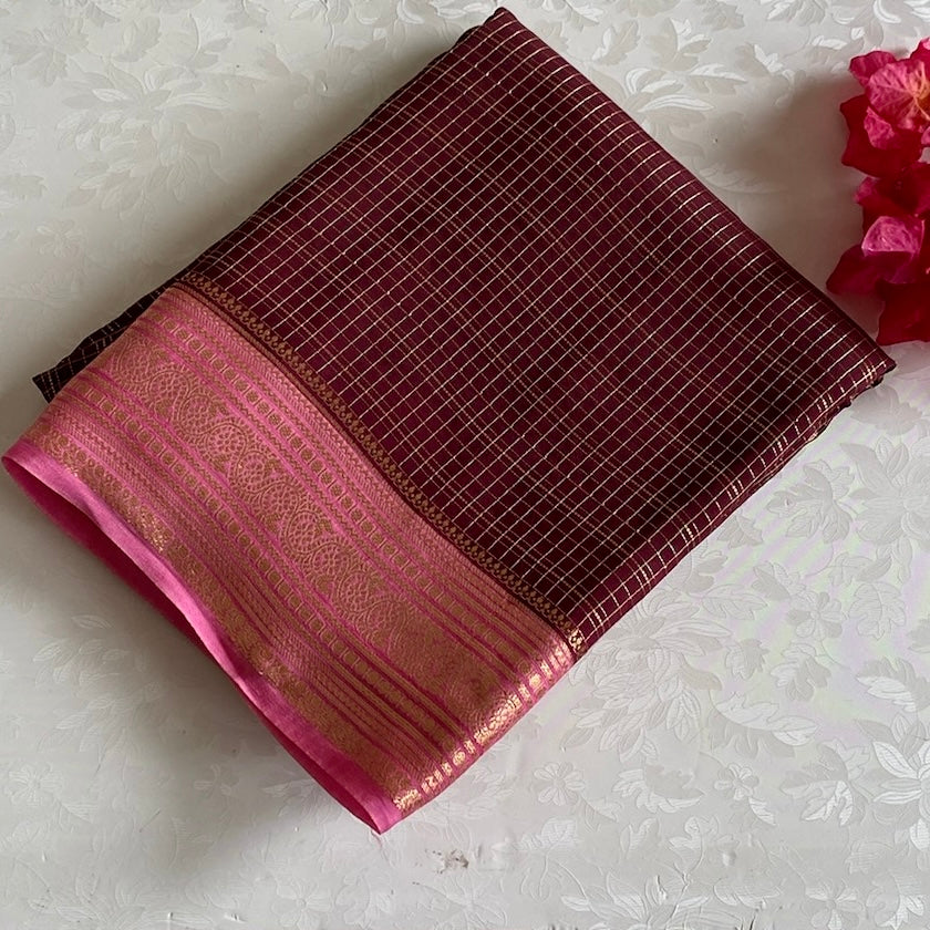 Deep Maroon Soft Crepe Silk Saree Rani Pink Pallu Gold Checks