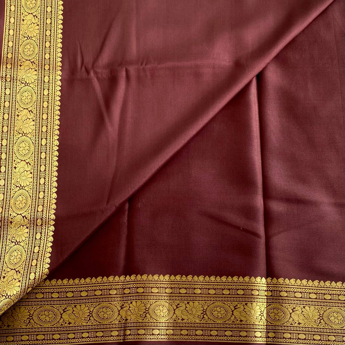 Chocolate Wine Brown Maroon Mysore Crepe Silk Saree With Metallic Gold Border