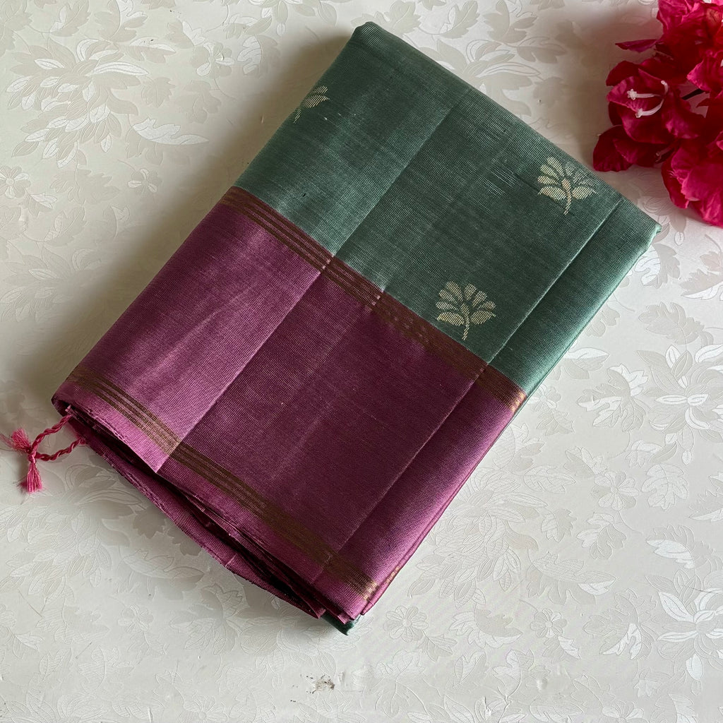 Metallic Sage Green Designer Pure Silk With Onion Pink Pallu