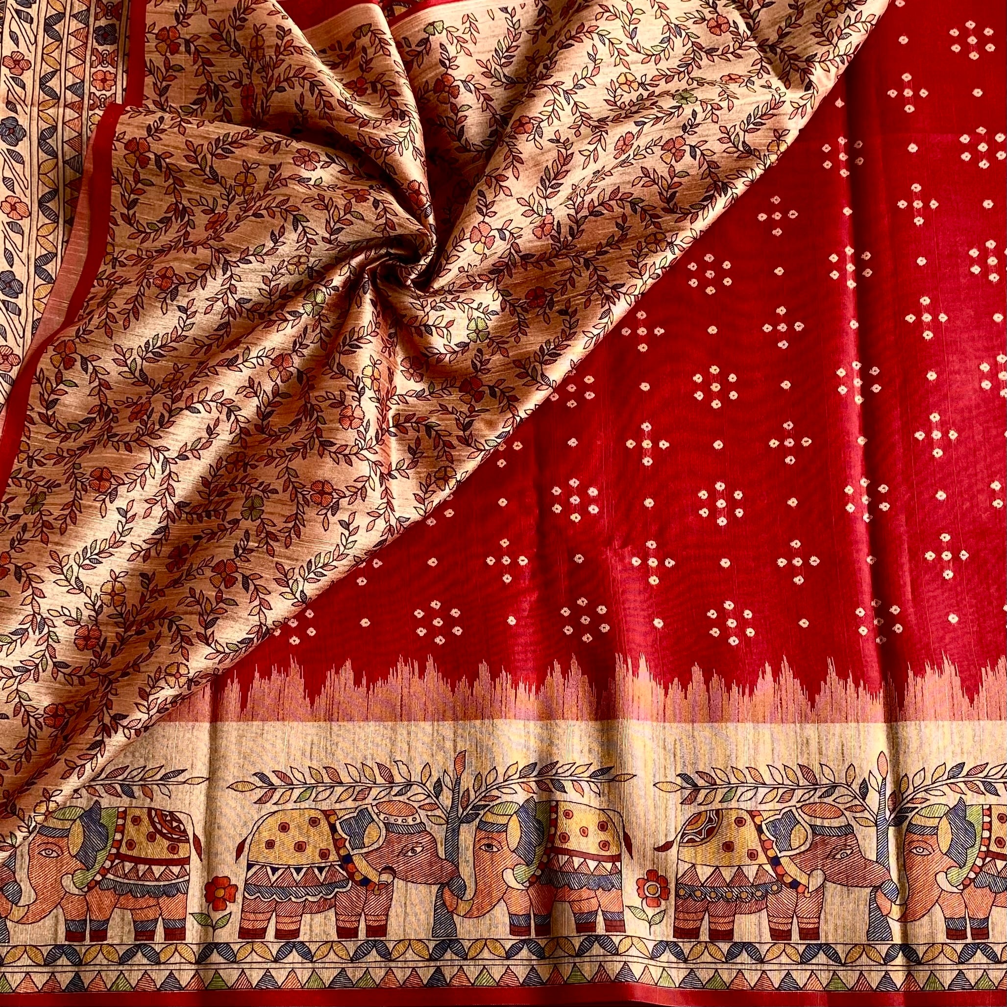 Crimson Red Soft Tusaar Silk with Printed Designer Warli Borders & Pallu