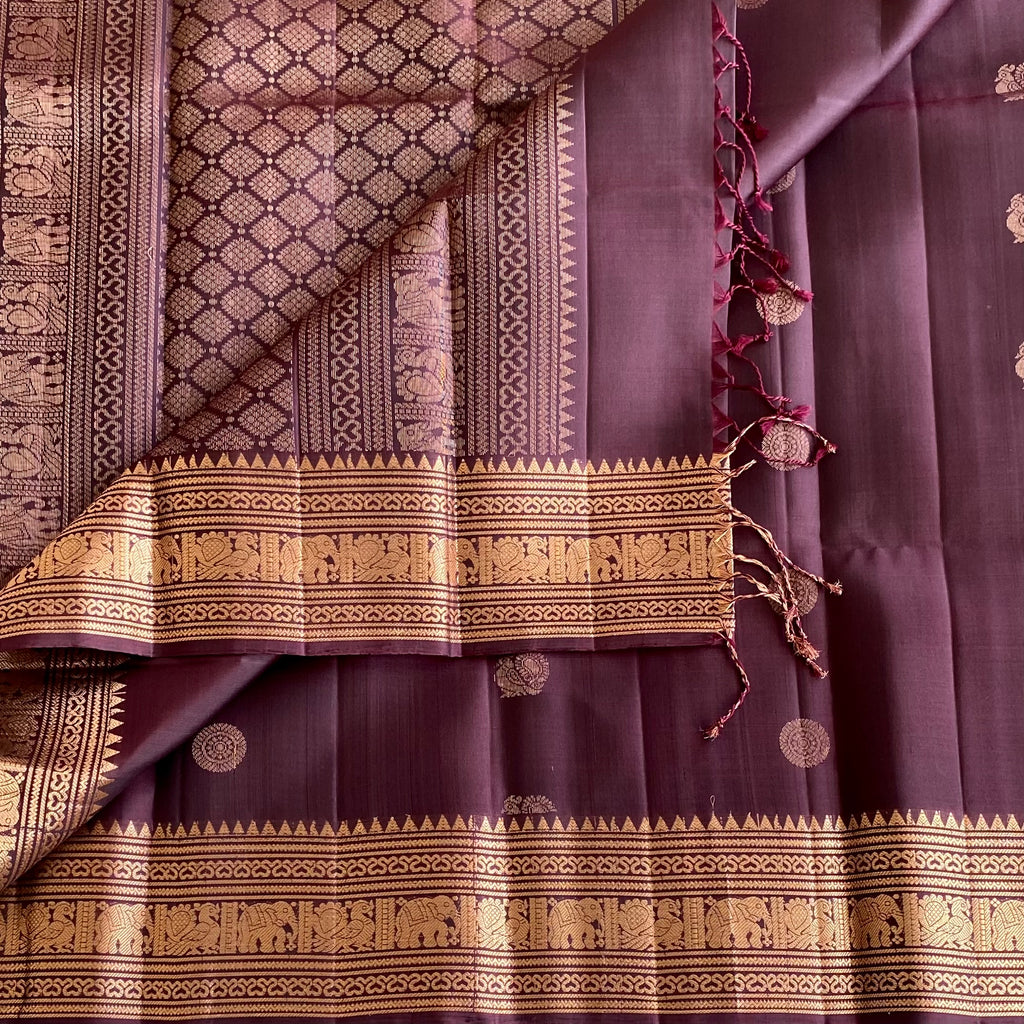 Deep Brownish Plum Antique Gold Designer Pure Silk Saree With Temple Borders
