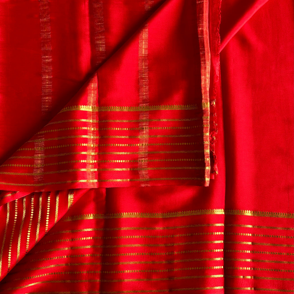 Crimson Red Mysore Crepe Silk with Gold Striped Zari Border Traditional Wear