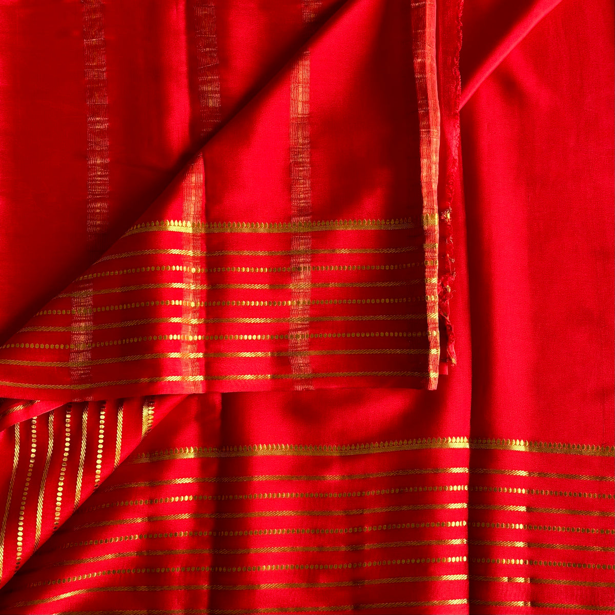 Crimson Red Mysore Crepe Silk with Gold Striped Zari Border Traditional Wear