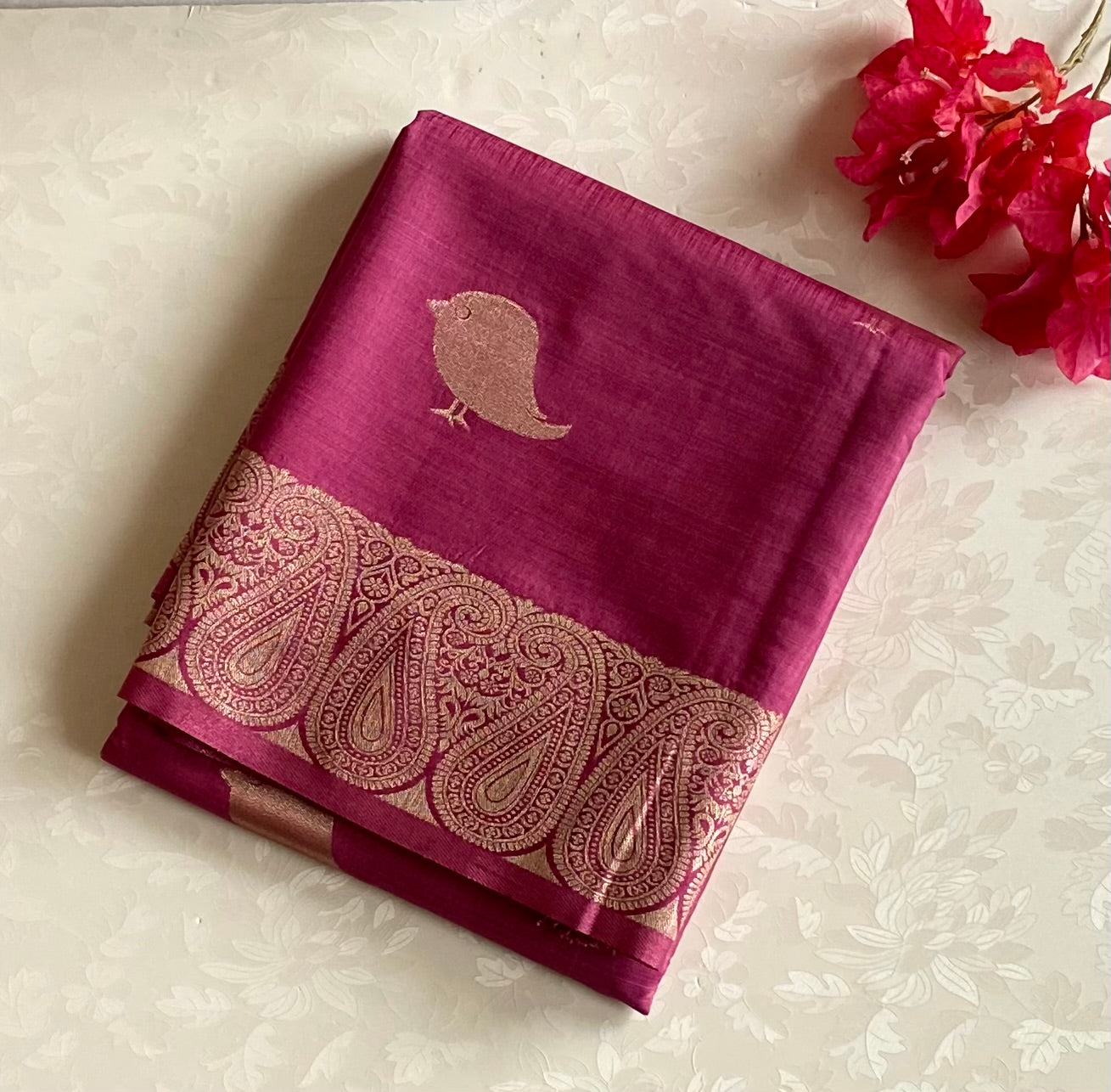 Deep Onion pink with antique silver zari soft tussar with rich borders n pallu