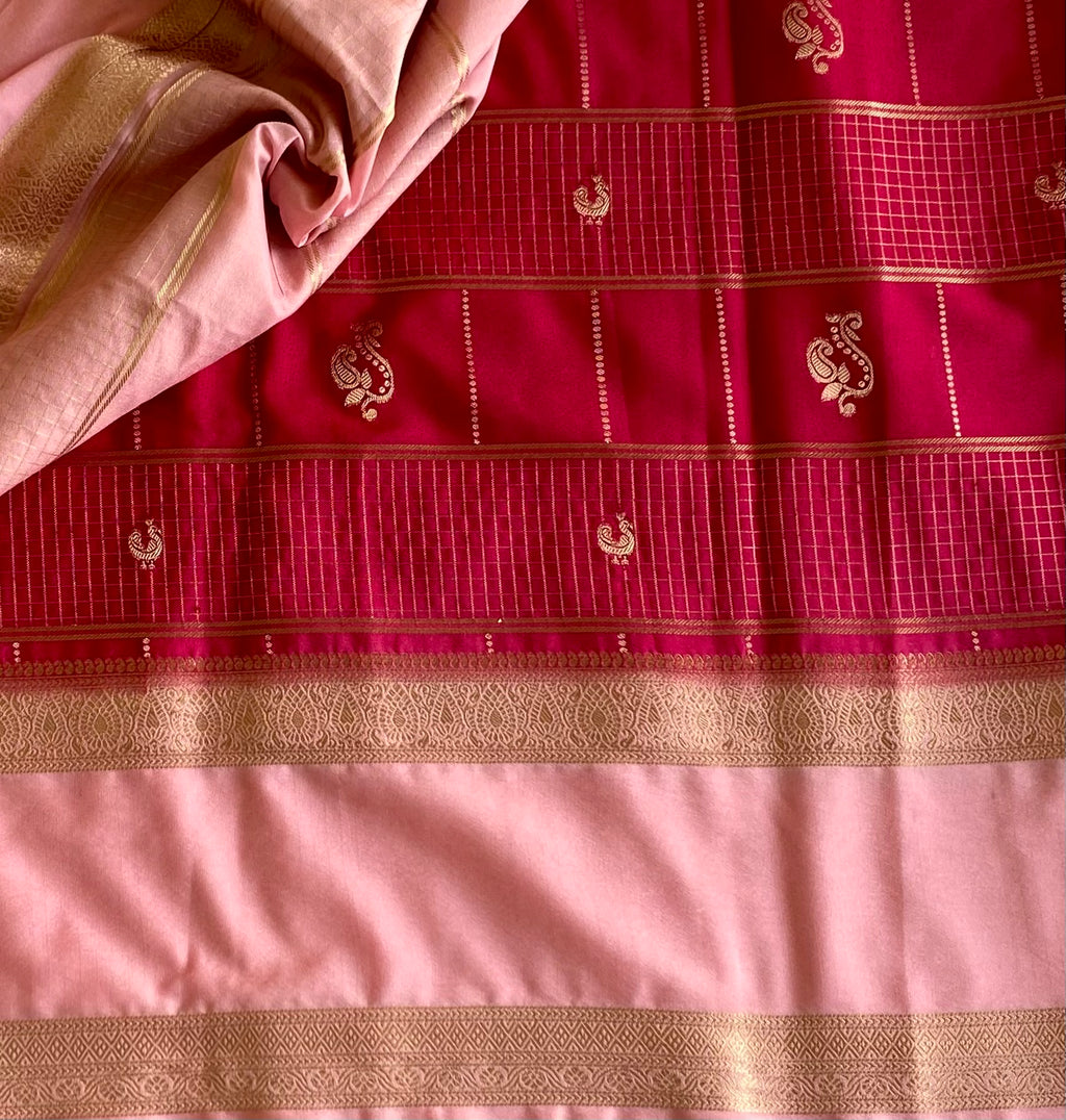 Cherry Pink Soft Tussar With Blush Pink Checkered Weave