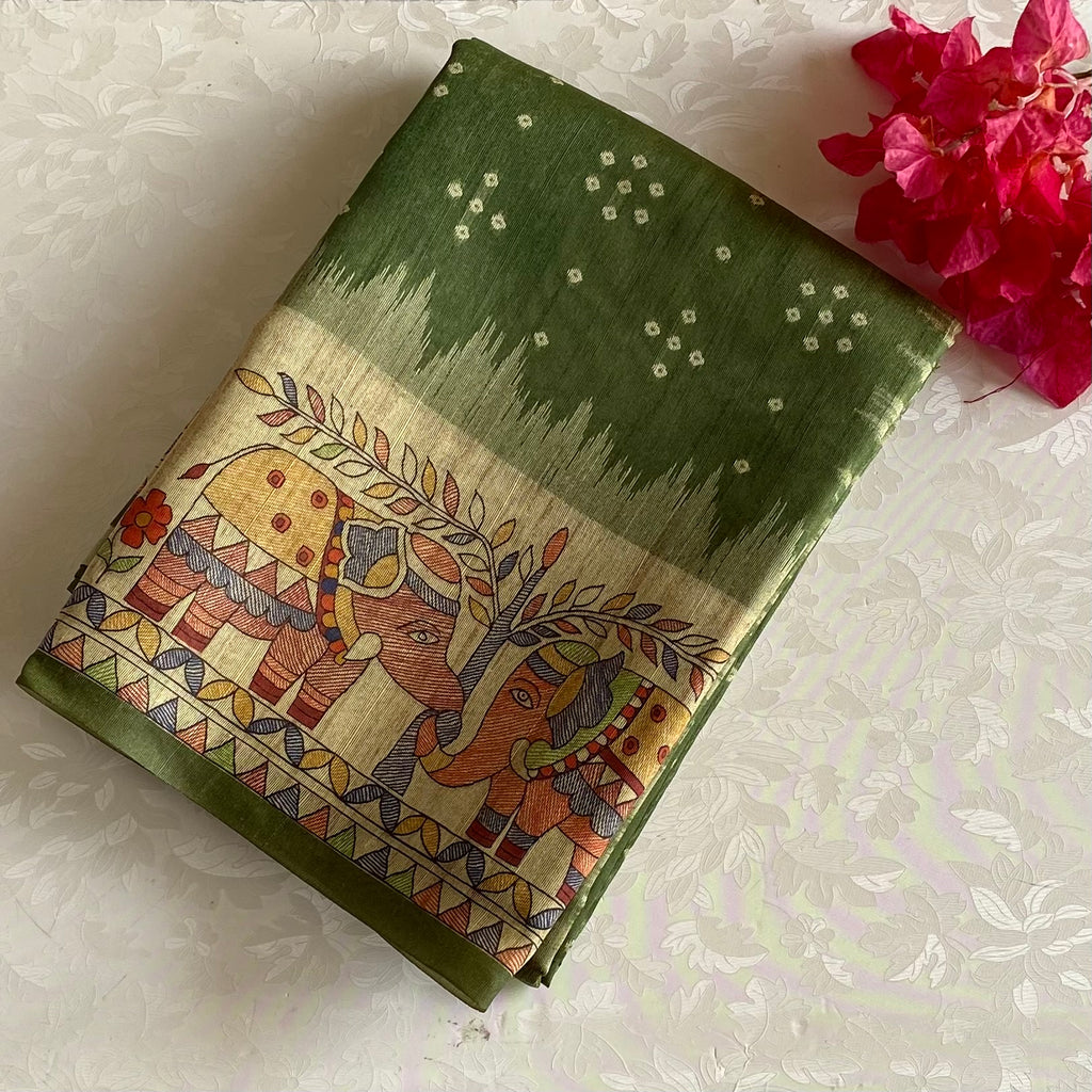 Olive Green Soft Tusaar Silk with Printed Designer Warli Borders & Pallu