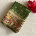 Olive Green Soft Tusaar Silk with Printed Designer Warli Borders & Pallu