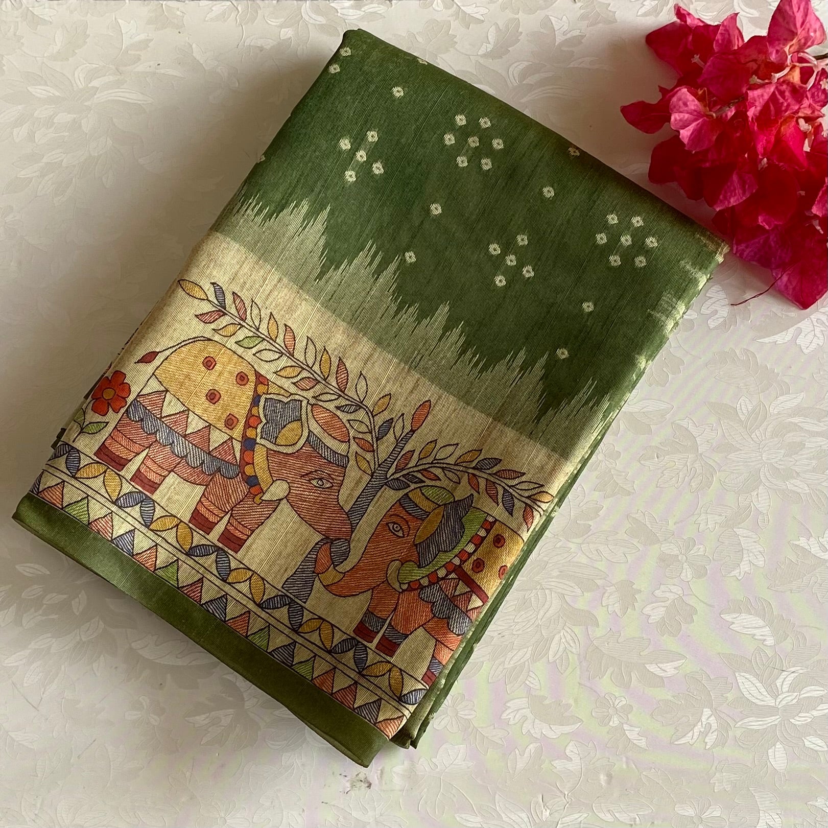 Olive Green Soft Tusaar Silk with Printed Designer Warli Borders & Pallu