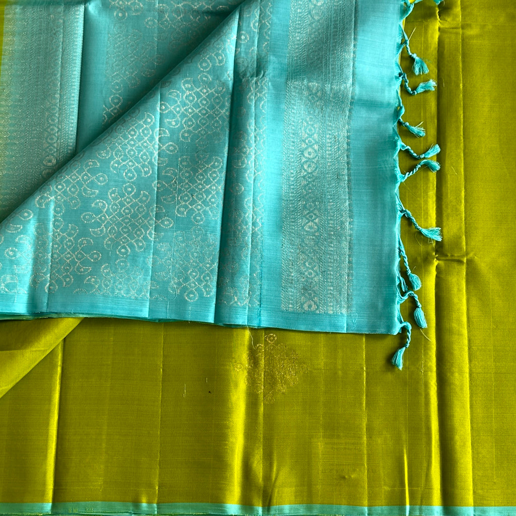 Lime Green Designer Pure Silk Saree With Aqua Blue Pallu & Kollam Zari