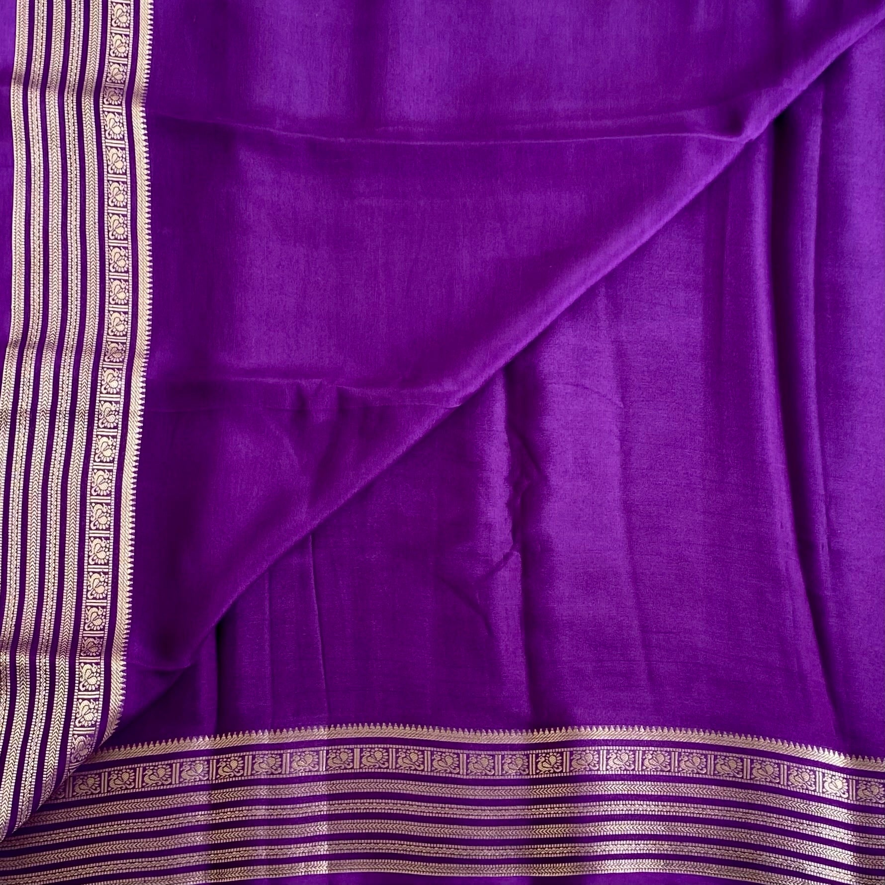 Royal Purple Soft Crepe Silk Saree With Antique Gold Border