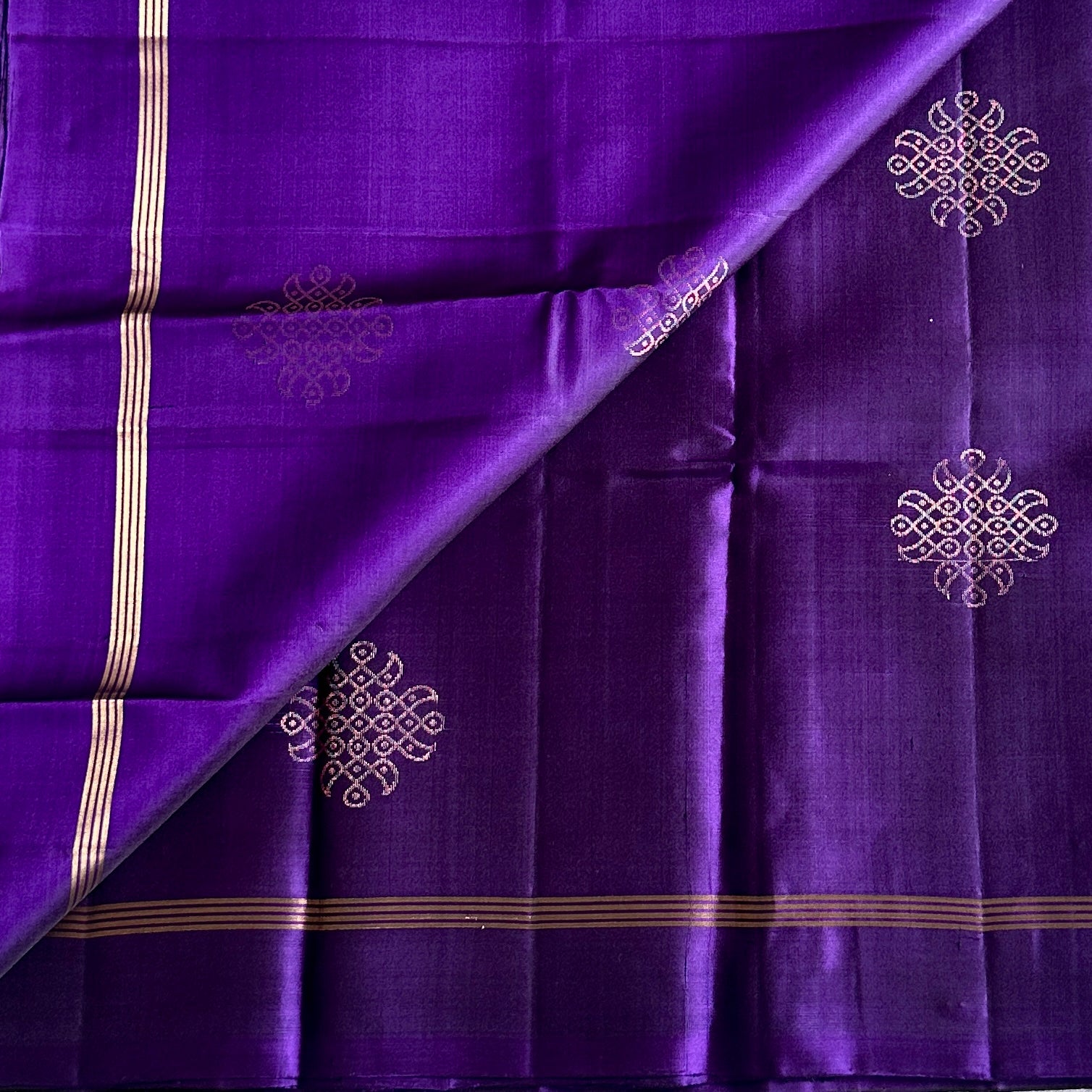 Royal Purple Designer Pure Silk Saree With Antique Gold Kollam Zari