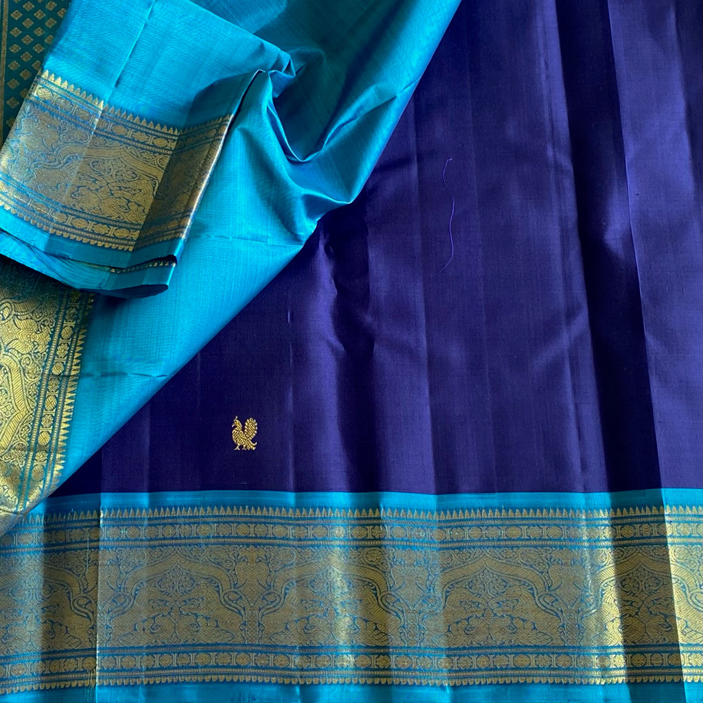 Midnight Blue Kanjeevaram Pure Zari Silk Saree With Turquoise Pallu