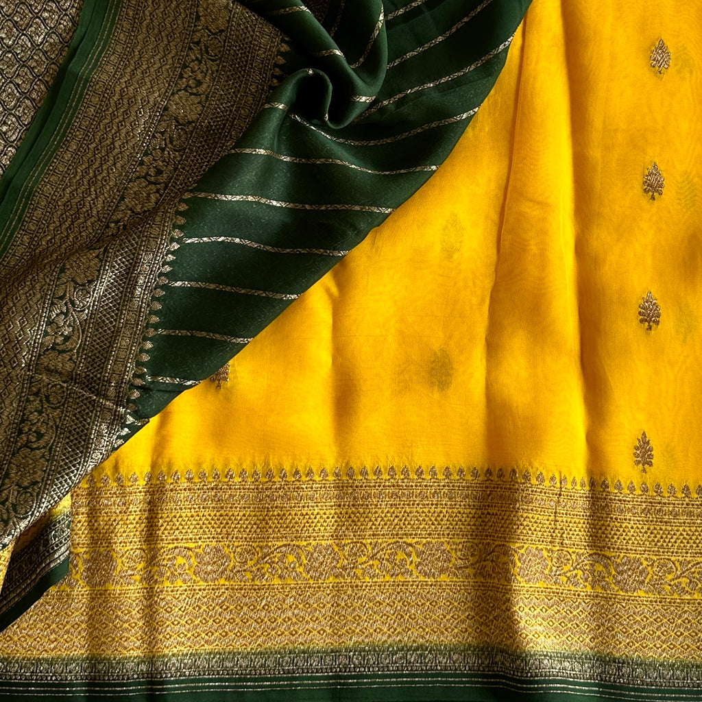 Golden Yellow Banarasi Organza Silk With Bottle Green Pallu & Antique Zari Weave